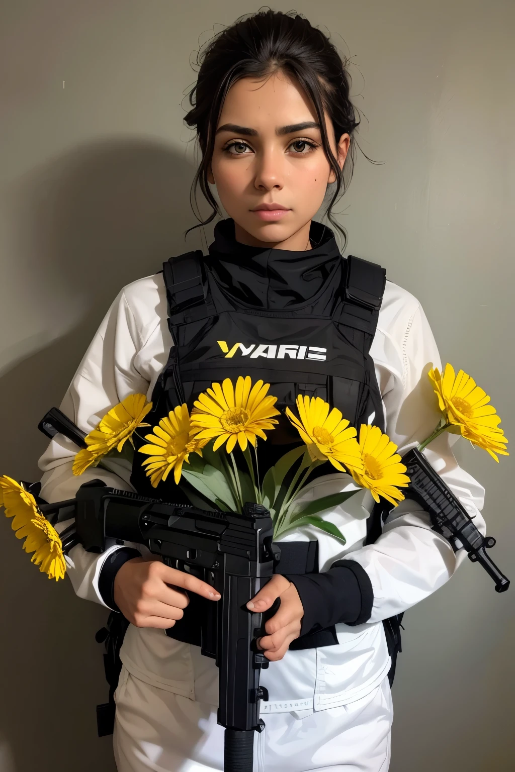 fondo negro con flores amarilla en el centro de la imagen dos pistolas con flores enredadas en ellas