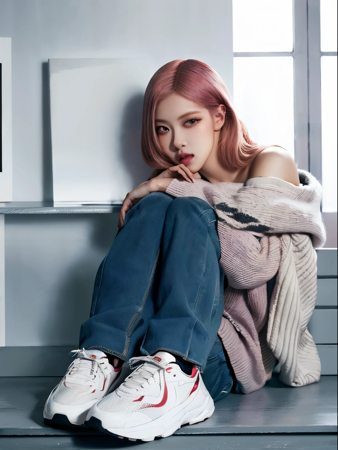Rose from blackpink, pink hair, (full body), (best quality,4k,8k,highres,masterpiece:1.2),ultra-detailed,(realistic,photorealistic,photo-realistic:1.37),A girl standing by a column in casual clothes Sweater, jeans, shoes on legs detailed eyes and lips, long eyelashes, beautiful detailed face, realistic posing, studio lighting, vivid colors, ultra-fine painting, professional,full length, detailed facial features, flowing wavy hair, relaxed posture, soft lighting, warm color tones, high-resolution image(4k), ultra-detailed, realistic.