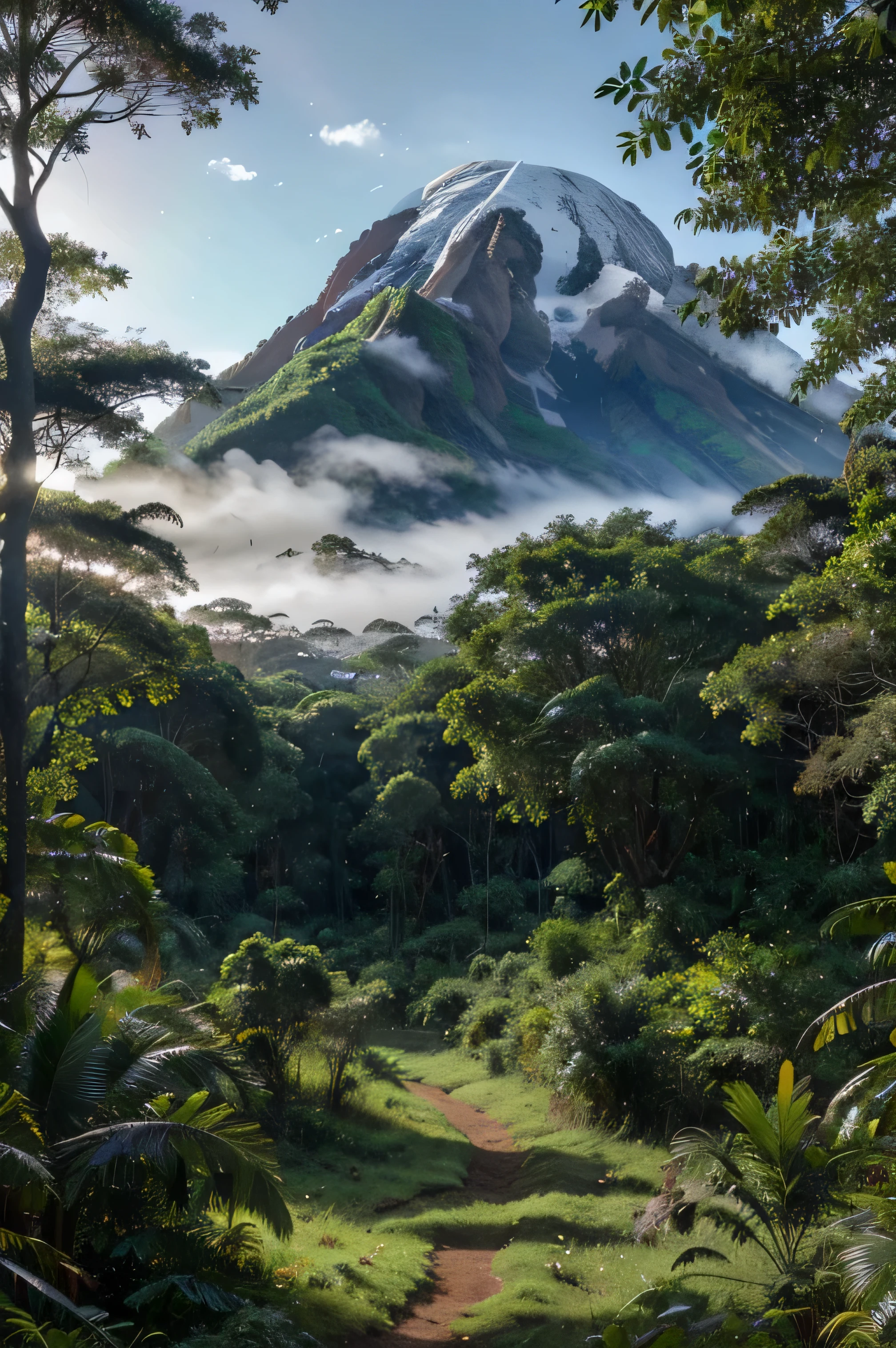 african forests, tall trees, lush green vegetation, sunlight streaming through the canopy, misty atmosphere, birds chirping, serene ambiance, mount Kilimanjaro in the background, snow-capped peaks, majestic beauty, vibrant colors, realistic textures, ultra-detailed foliage, clear blue sky, masterful brushstrokes, high resolution, vivid colors, professional composition, breathtaking landscape