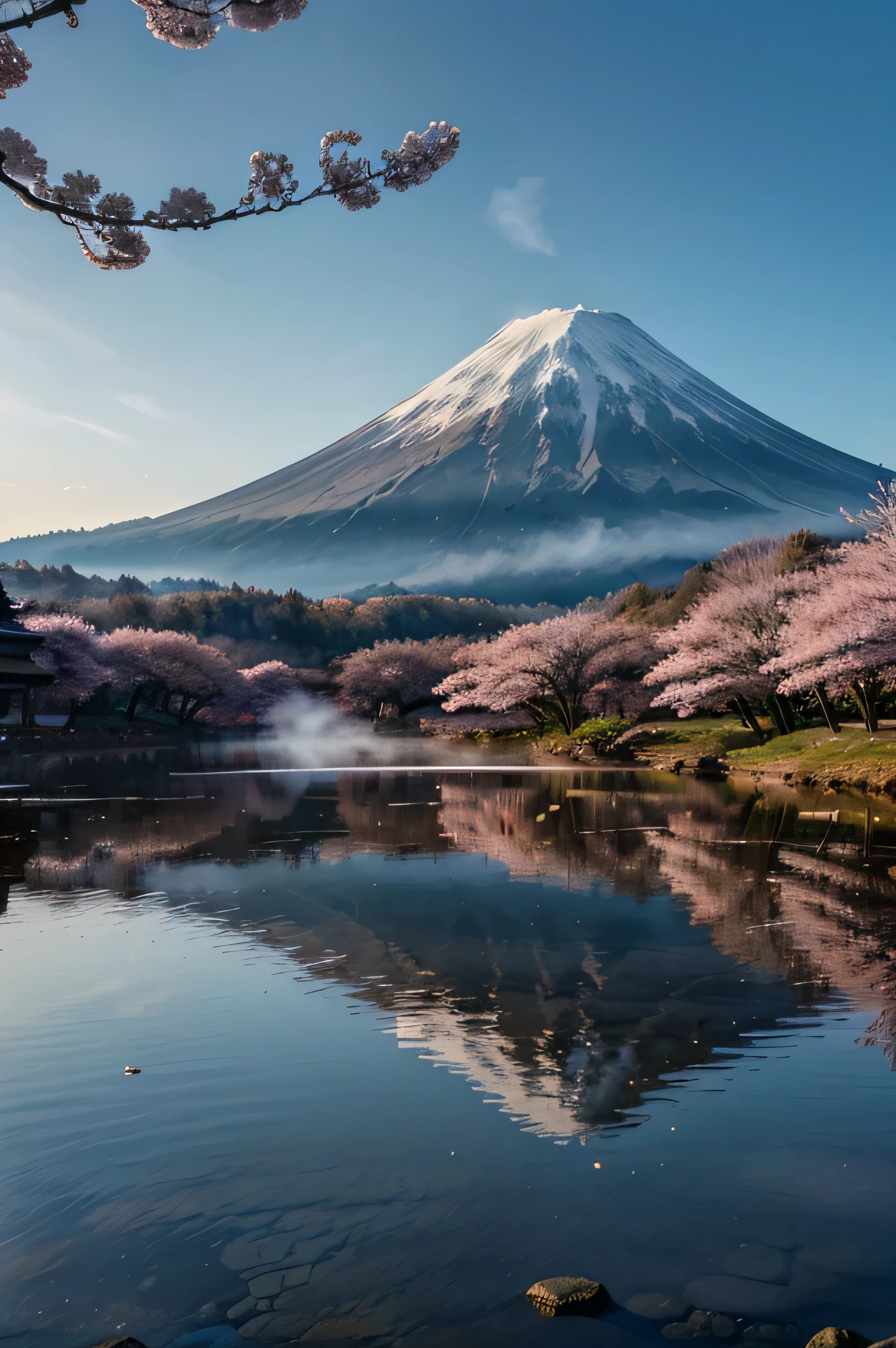 Mount Fuji, ultra-detailed,photorealistic, most beautiful, Japanese Sakura trees, vibrant colors, serene atmosphere, cherry blossoms in full bloom, clear blue sky, snow-capped peak, picturesque landscape, iconic symbol of Japan, peaceful setting, panoramic view, traditional Japanese art style, soft pastel tones, gentle sunlight, tranquil reflection on the lake, soothing ambiance, delicate petals scattered on the ground, graceful curves of the mountain, awe-inspiring sight, mesmerizing beauty, misty horizon, serene and majestic, peaceful harmony, a sense of tranquility and serenity, layers of depth, intricate details, high-definition resolution, meticulous brush strokes, lifelike textures, impeccable clarity, masterful craftsmanship.