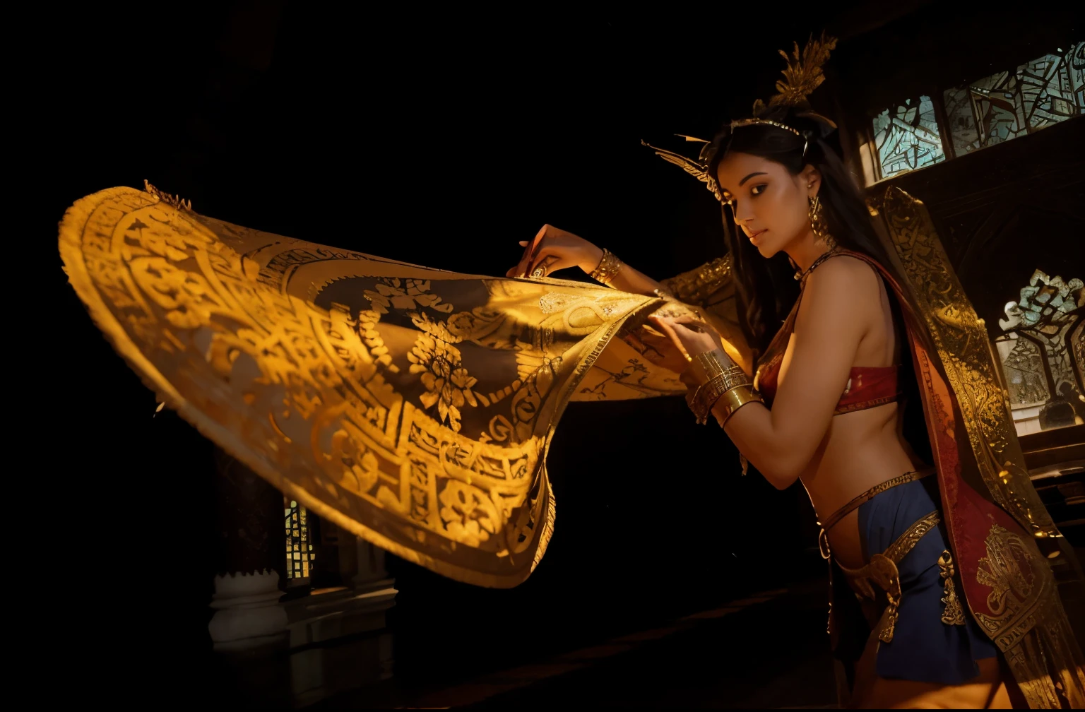 (Best quality, 8k, 32k, Masterpiece, UHD:1.2) , "Transform the image into a magnificent Middle Eastern palace adorned with opulent decorations, intricate carvings, and vibrant colors. Draw inspiration from the grandeur and elegance of the Desert Palace of Sumeru from Genshin Impact to create a scene filled with splendor and wonder.
Start by depicting the exterior of the palace, showcasing its majestic architecture and imposing presence. Render the walls and domes of the palace with intricate designs and patterns, reflecting the rich cultural heritage of the region. Incorporate elements of traditional Middle Eastern architecture, such as arched doorways, ornate columns, and intricately tiled facades.
Fill the surroundings with lush vegetation and exotic flora, adding to the oasis-like atmosphere of the palace grounds. Include towering palm trees, blooming gardens, and cascading fountains to create a sense of tranquility and abundance.
Illuminate the scene with warm sunlight streaming through the windows and casting soft shadows on the palace walls. Use dynamic lighting to accentuate the intricate details of the architecture and enhance the overall visual impact of the scene.
Envision the interior of the palace as a sumptuous sanctuary filled with luxurious furnishings, precious artifacts, and exquisite works of art. Render ornate carpets, gilded furnishings, and elaborate tapestries to convey the opulence of the palace's interiors.
Include elements of magical realism to evoke the mystical allure of the Desert Palace of Sumeru. Incorporate subtle hints of ancient mysticism and arcane symbols, hinting at the palace's connection to the elemental forces of the desert.
Finally, infuse the scene with a sense of wonder and majesty, capturing the imagination of the viewer and transporting them to a realm of fantasy and enchantment. Let the beauty and grandeur of the Middle Eastern palace inspire awe and admiration, inviting viewers to explore its rich history and hidde
