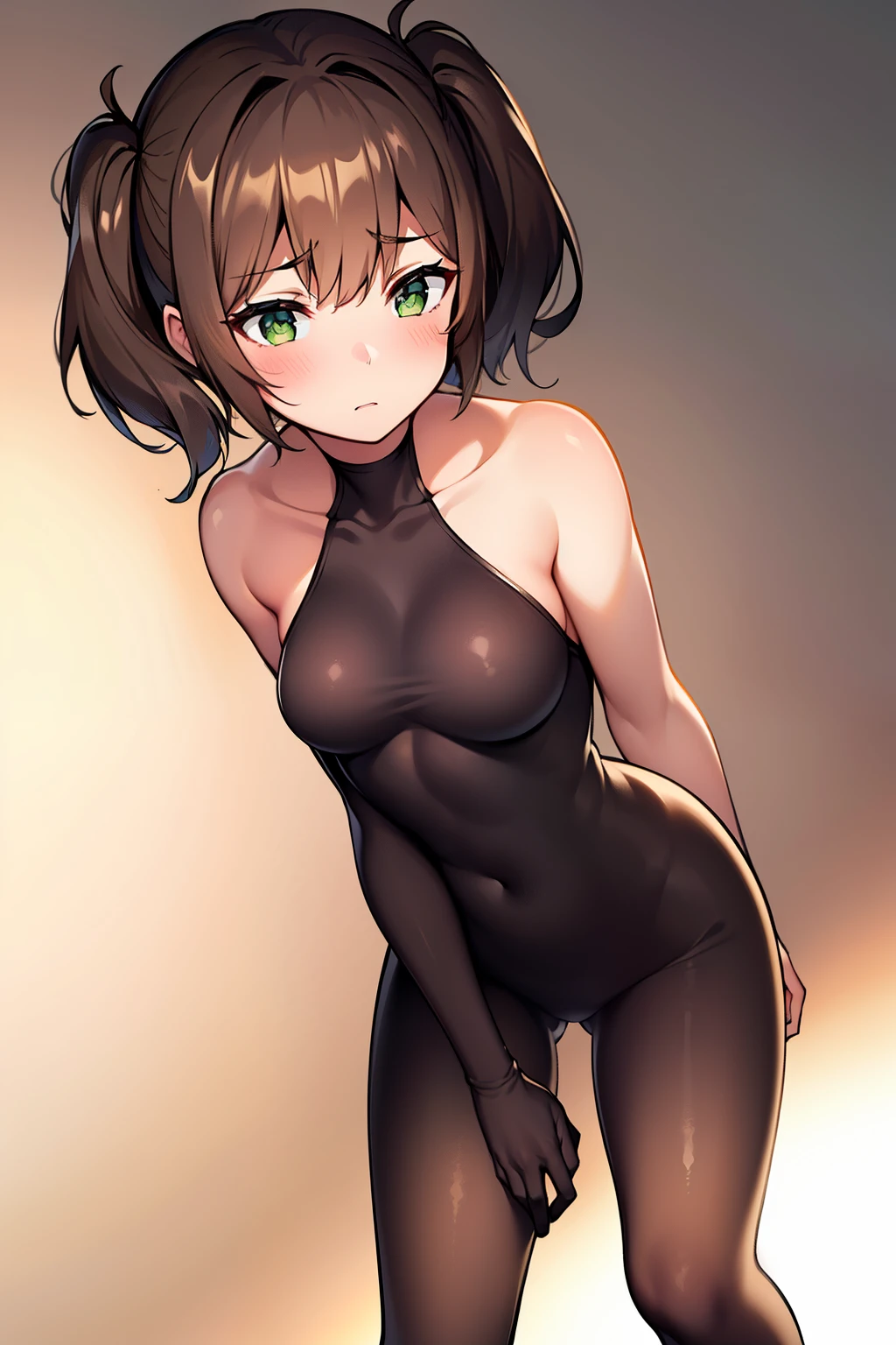 woman, medium breasts, brown hair, short twintails, green eyes, nudity, standing, blush, black bodysuit, bare shoulders, bare arms, bare legs