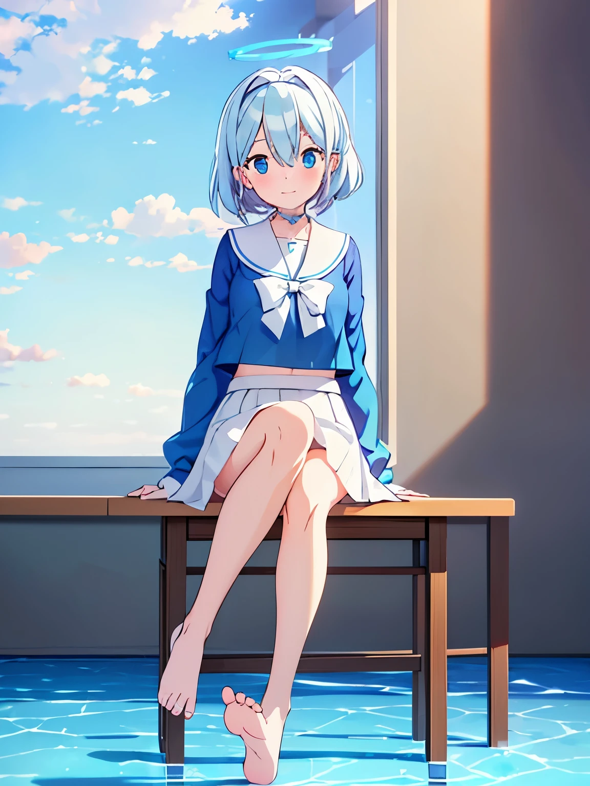 masterpiece, perfect face, (thick lines:1.0), (ultra-detailed:1.2), (oil painting:0.9), (extremely detailed CG unity 8k wallpaper:1.2), soft lighting, masterpiece, perfect face, (thick lines:1.0), (ultra-detailed:1.2), (oil painting:0.9), (extremely detailed CG unity 8k wallpaper:1.2), soft lighting, arona, 1girl, mechanical halo, solo, short hair, single braid,
, barefoot, blue shirt, long sleeves, white bowtie, white choker, white hairband, white sailor collar, white skirt, long skirt
smile, blush, feet, toes, looking at viewer, sitting, midriff, knees to chest
BREAK water, ruined classroom, blue sky, cloud, day, reflection, reflective water, shallow water
