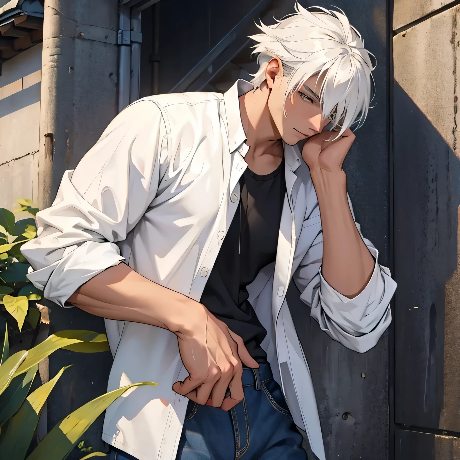White hair, Male, casual clothes
