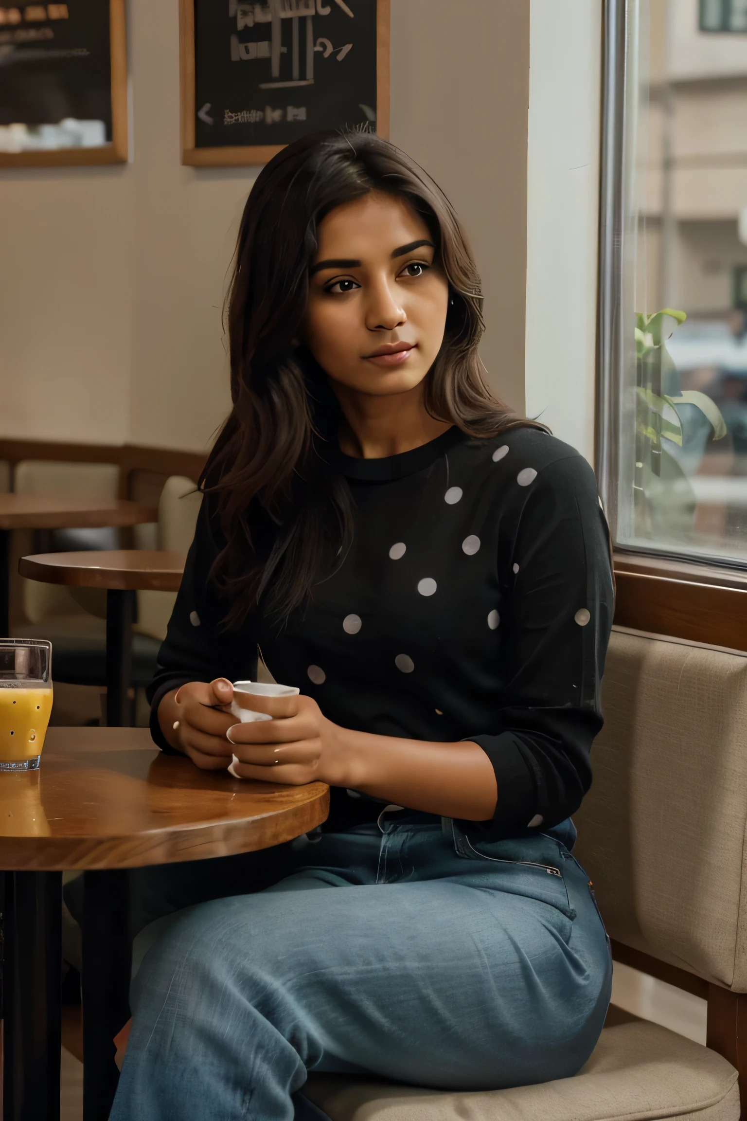 beautiful mature Indian 25 year old girl, brown skin tone, sitting in a restaurant with a green polka dot round neck top and plain black jeans, sitting in a restaurant, taken with canon eos 5 d mark iv, candid picture, taken with sony a7r camera, taken with a pentax k1000, shot with sigma f/ 4.2, shot with sigma f / 4. 2, taken with sony alpha 9, ultra high res, high resolution, detailed, f1.6 lens rich colors hyper realistic lifelike texture dramatic lighting unrealengine.