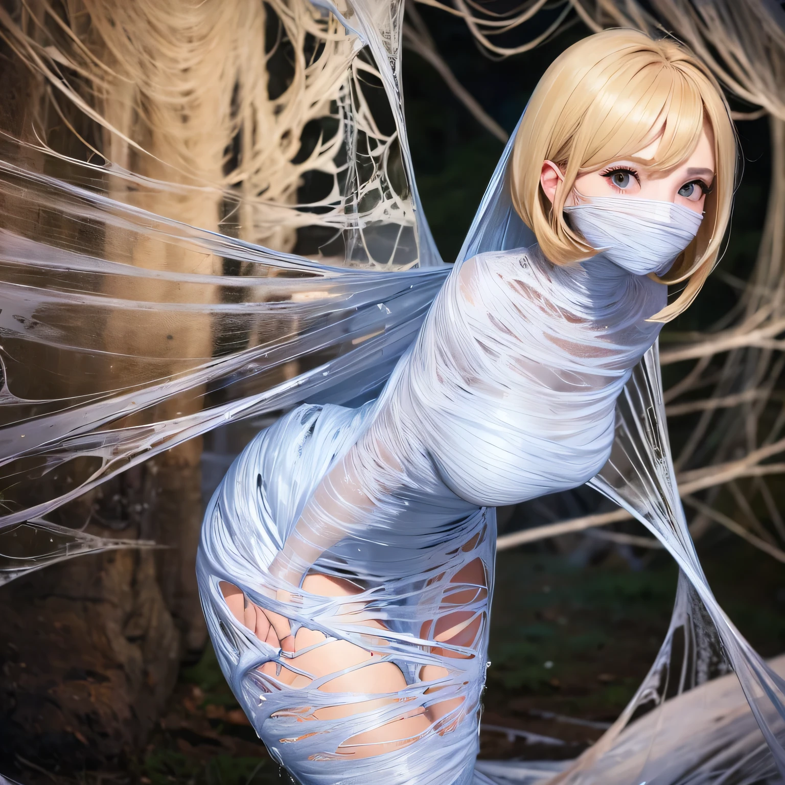 best quality,4k,8k,highres,masterpiece:1.2,ultra-detailed,realistic:1.37, HDR,UHD,studio lighting,ultra-fine painting,sharp focus,physically-based rendering,extreme detail description,professional,vivid colors,bokeh, portraits,web,subtle lighting,dark atmosphere, (cocoon:1.2), blond haired girl,