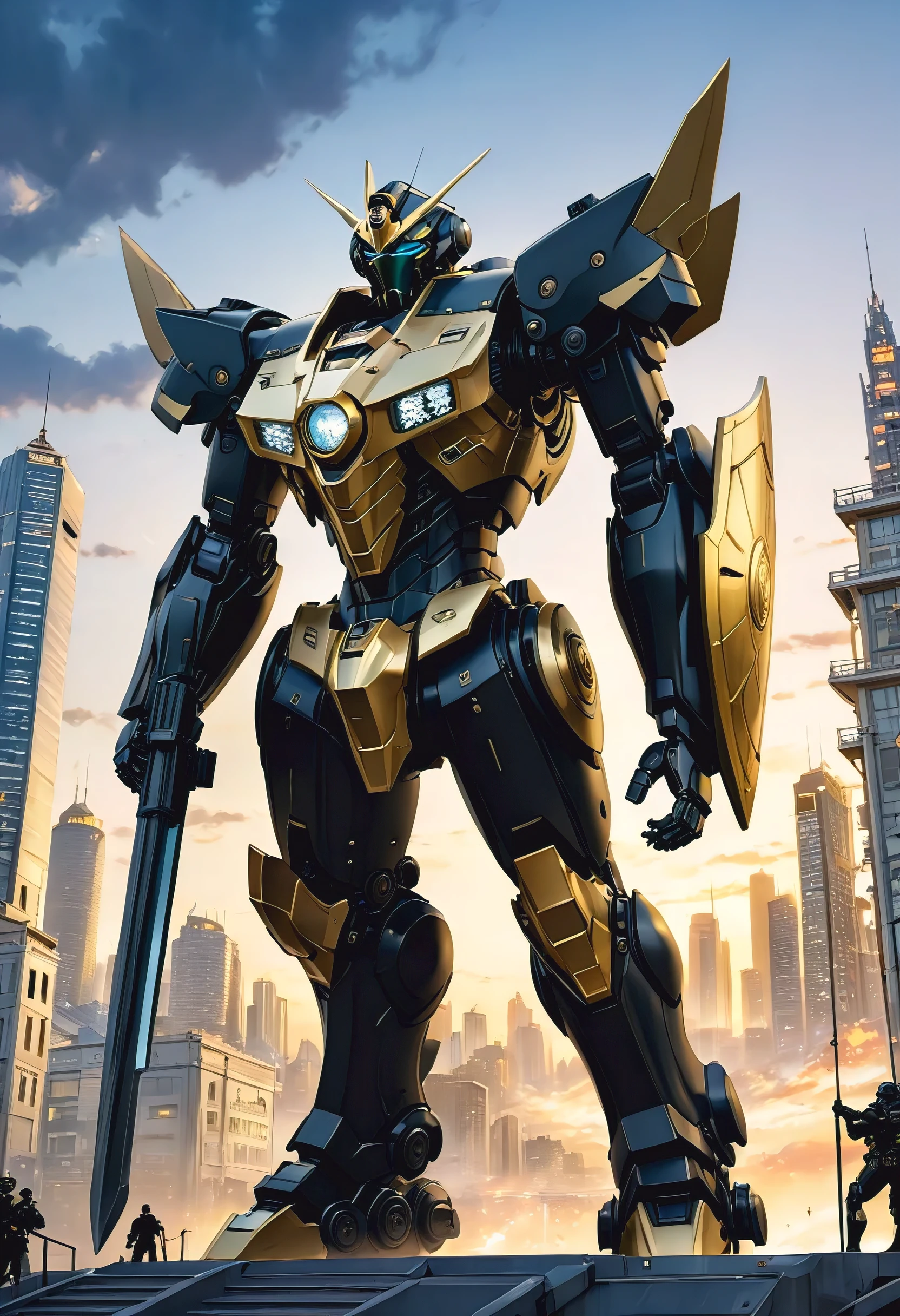 (masterpiece, best quality, manga style:1.2), manga panels, a majestic black and gold mecha guarding the city, shield, weapon, detailed machinery, city skyline, sky, late evening