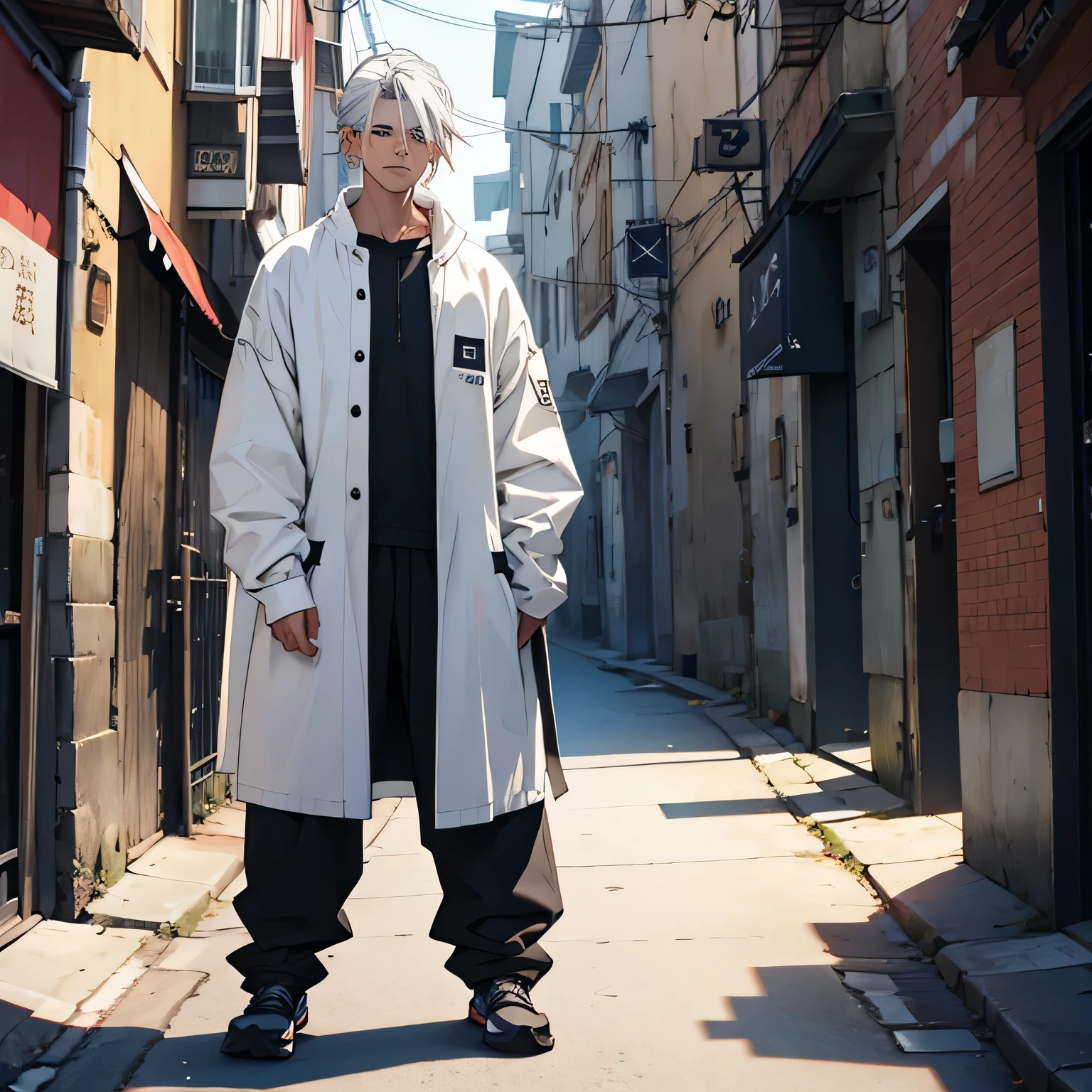 White hair, Male, baggy clothes 