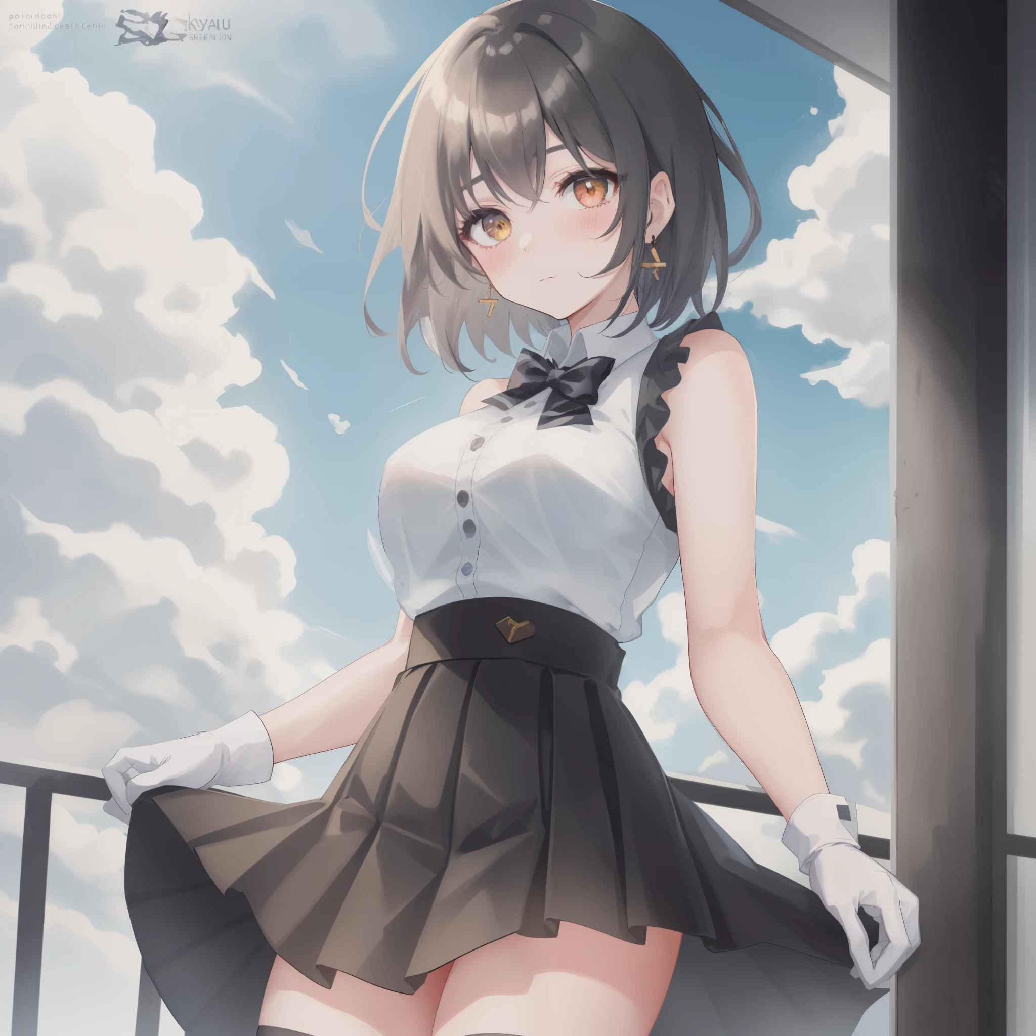 rating:safe, 1girl, gloves, skirt, solo, white_gloves, cloud, sleeveless, shirt, breasts, pleated_skirt, bow, sky, white_shirt, sleeveless_shirt, looking_at_viewer, bowtie, black_skirt, bare_shoulders, cowboy_shot, yellow_eyes, cloudy_sky, short_hair, blush, high-waist_skirt, black_neckwear, thighhighs, earrings, jewelry, bangs, zettai_ryouiki, black_hair, closed_mouth, standing, thighs, skindentation, large_breasts, day, medium_breasts, blue_sky, black_bow, collared_shirt, outdoors, miniskirt, eyebrows_visible_through_hair, bare_arms, holding