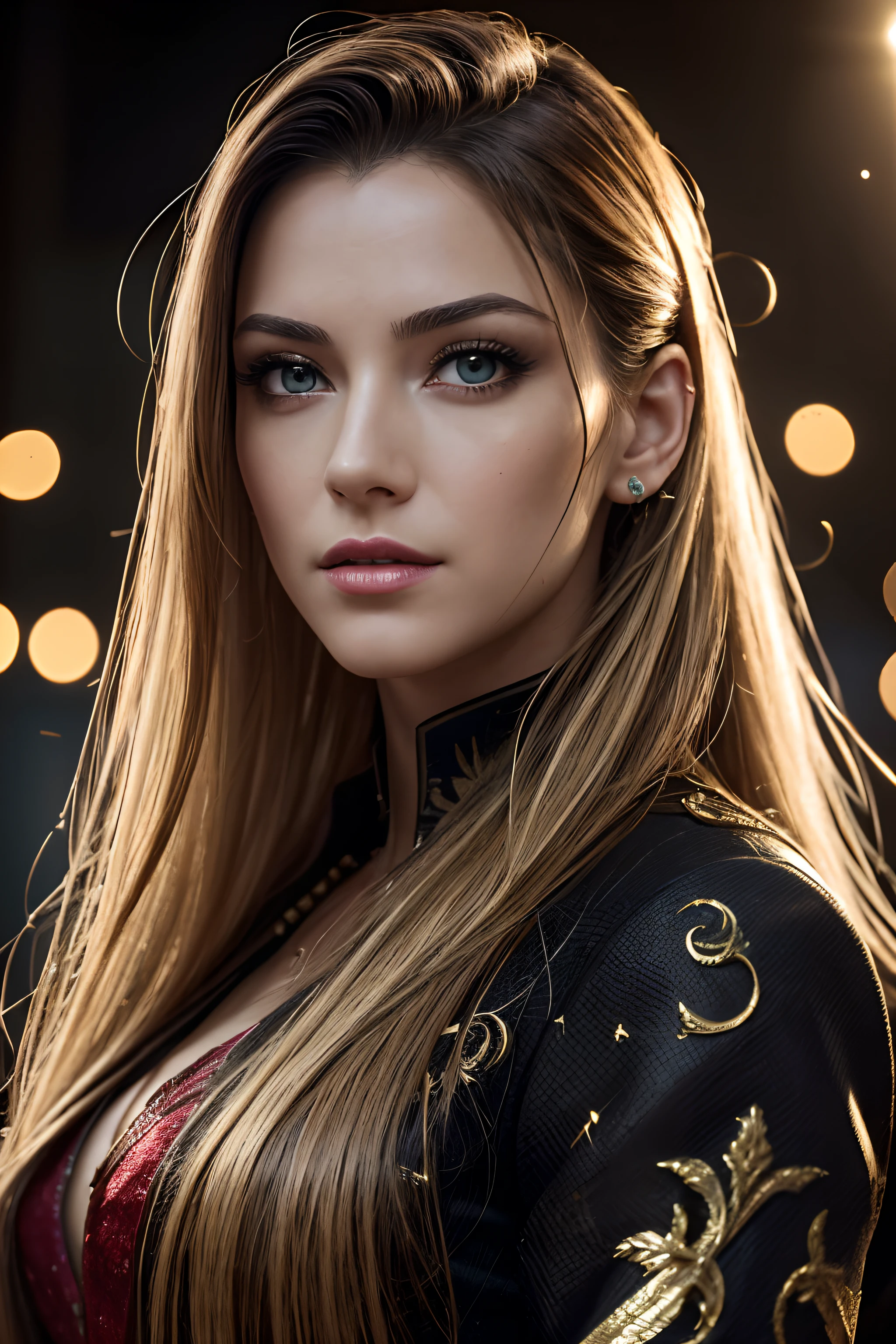 ((Film grain, bokeh, light particles ,Dust, Extreme camera angle)), (Best Quality,4k,hight resolution:1.2),Ultra-detailed,Realistic,Portrait,black & Gold Palette,Long flowing golden hairstyle, ((Red detailed eyes)), Vampire Liquids,radiant lighting,Detailed facial features,Dark background,Single man,in a black suit, Makeup artists do makeup for celebritieasterpiece:1.2), Best Quality, Masterpiece, hight resolution, Original, extremely detailed wallpaper, perfect  lighting,(extremely detailed CGI:1.2)