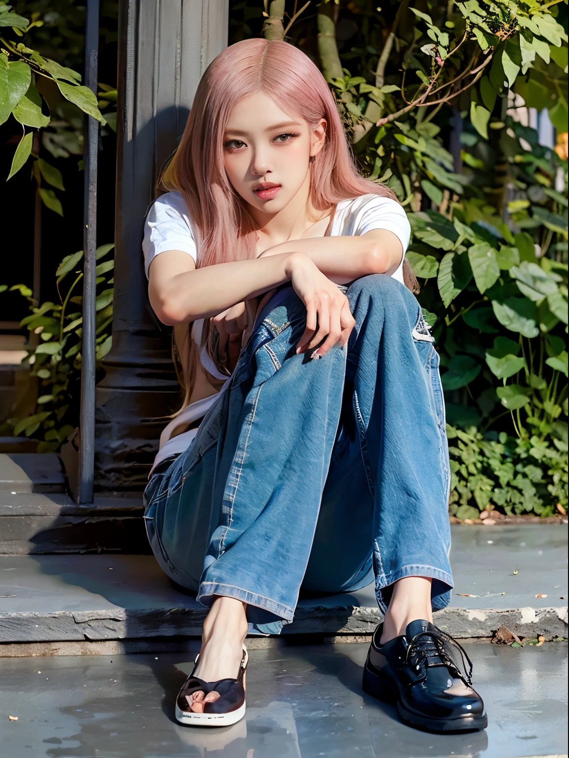 a woman in a cream coloured blouse hanging loosely on the shoulders, light coloured jeans , cute face, black converse shoes, , long slightly wavy hair, ((pink hair)) and gleaming detailed eyes, slim frame, medium breasts, beautiful face, medium butt size, small feet size, small hand size, perfect hands