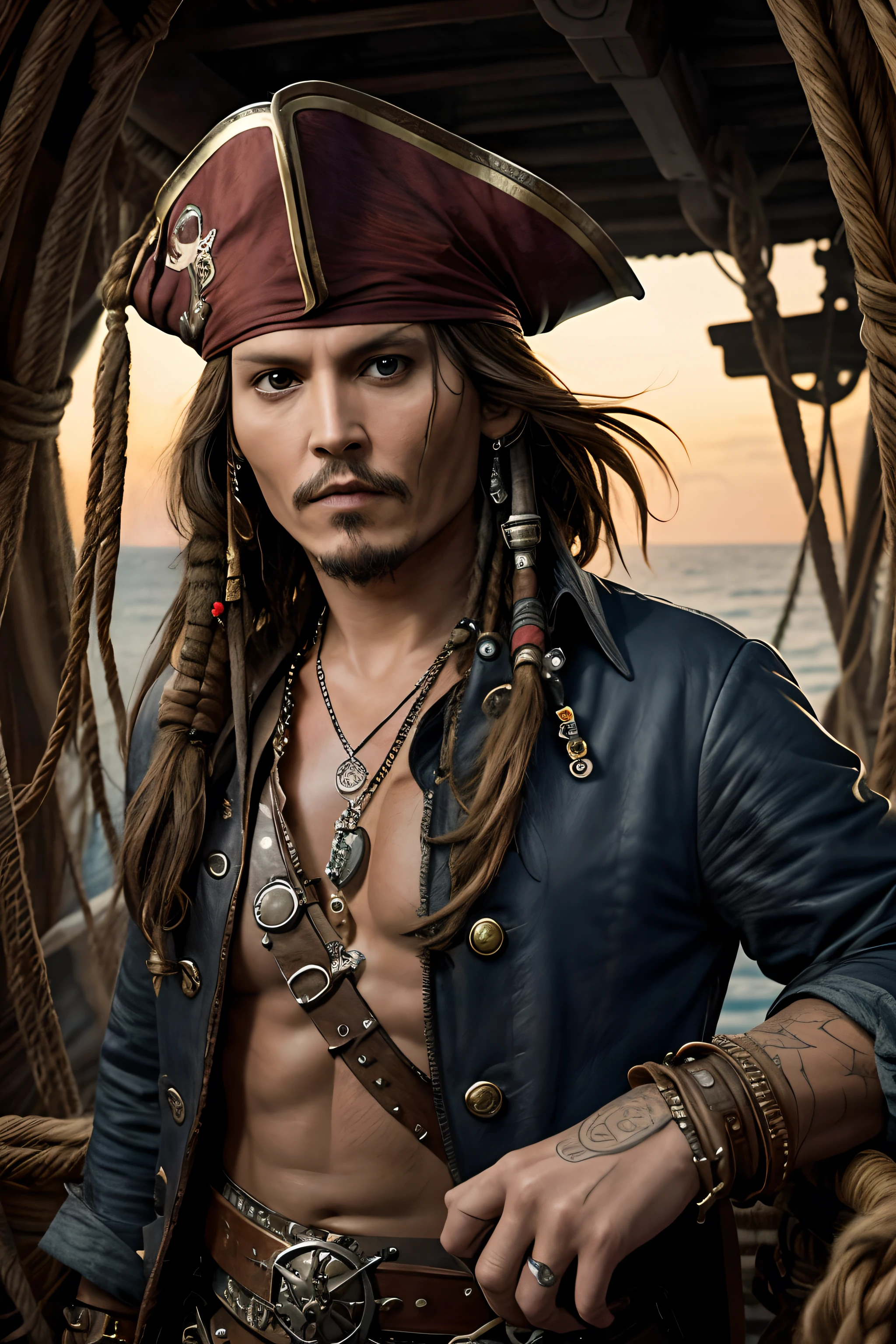 Spaceship Pirate Ship,Johnny Depp as Jack Sparrow on the bridge,illustartion,Detailed eyes and face. Pensive look at galagraphic monitors