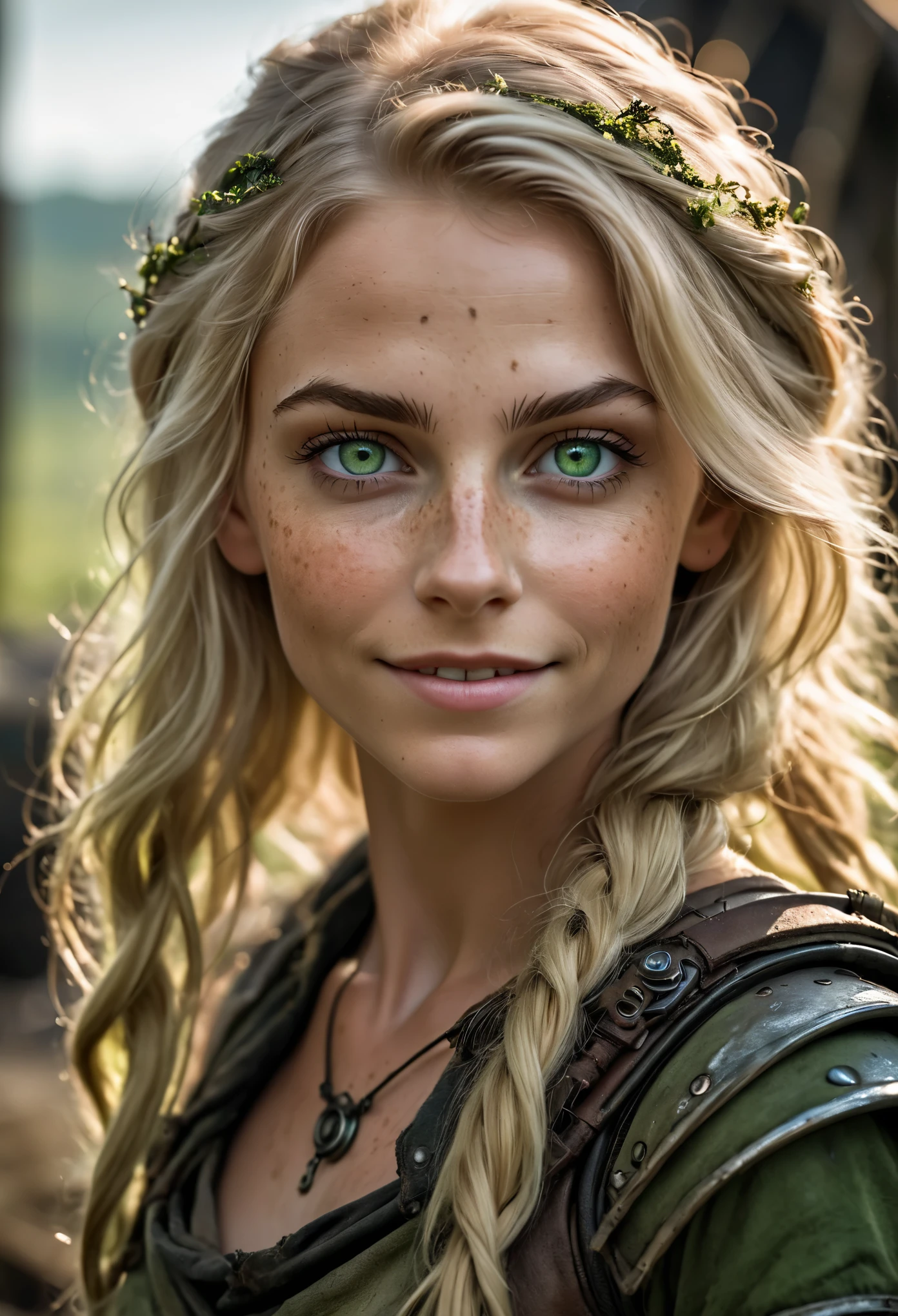 photo shot on Nikon D850, 16k, sharp focus, masterpiece, Hyper Detailed, breathtaking, atmospheric perspective, diffusion, pore correlation, skin imperfections, DSLR, 80mm Sigma f2, depth of field, film grain, intricate natural lighting, gorgeous sexy woman, adult (elven:0.7), freckles, green eyes, light blonde layered hair, full length photo, solo, perfect body, detailed background, detailed face, (post-apocalyptic dark dystopian theme:1.1), smile, backlighting, magical atmosphere