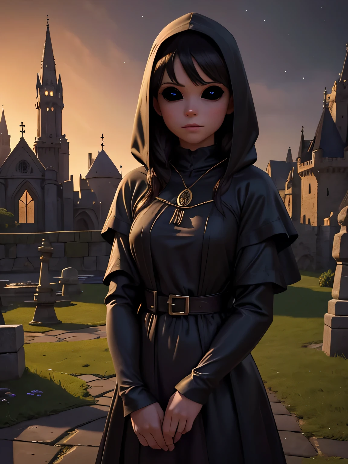(best quality,4k,8k,highres,masterpiece:1.2),ultra-detailed,(realistic,photorealistic,photo-realistic:1.37),a young woman hiding her face,black eyes,black hair,hooded robe,fantasy setting,medieval city,magic pendant,traditional oil painting,enchanted atmosphere,dark and mysterious lighting,ancient architecture,twilight,moonlit sky,stone paved streets,hovering lanterns,colorful stained glass windows,towering spires,imposing castle,cobblestone alleyways,mystical symbols,whispering shadows,curious onlookers,rippling fountain,sparkling stars,nighttime ambiance,whimsical elements,eerie silence,haunting secrets,ethereal glow,enchanted spells,dreamlike scene,magical aura,hidden realms,veiled identity,unknown powers,mysterious allure,fantasy adventure,hidden treasures