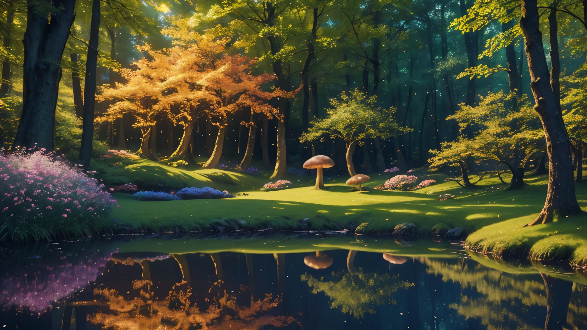 best quality, 8k, high resolution, masterpiece), ultra detailed, (realistic, photorealistic, photorealistic: 1.37), panoramic view, book cover, majestic stars, enchanted forest, colorful flowers, colorful trees, colorful mushrooms, ethereal beauty , dreamlike atmosphere, wonder and mystery, captivating setting, tranquil reflection, romantic setting, endless enchantment, magical glow, subtle shadows,