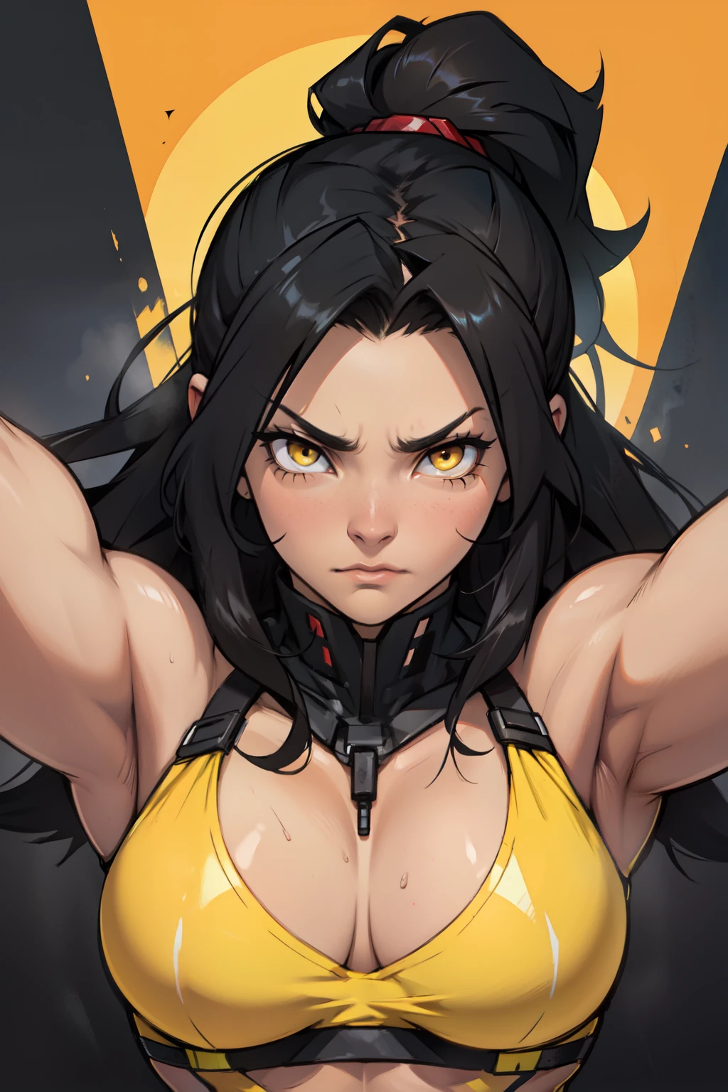 a muscular woman black hair yellow eyes sad