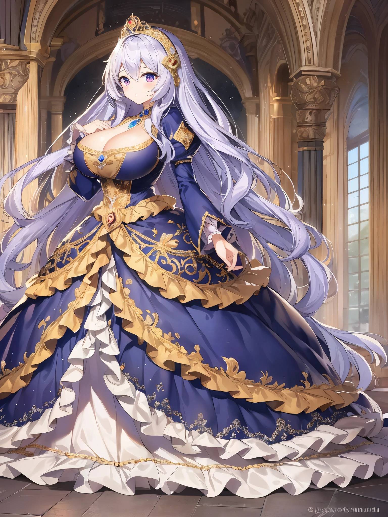 moe manga artstyle,cinematic lighting,((game cg)),Masterpiece,Best Quality,Super Detail,Very Delicate and Beautiful,Solo,full body,full body portrait,((1 princess)),detailed face and eyes,jewel-like eyes,(((very very gigantic tits,cleavage,curvy))),Skindentation,((fantasy castle,outdoor)),((crinoline,long train)),super detailed gorgeous princess  rococo ballgown with voluminous full length hoop skirt and long train,gorgeous princess rococo ballgown with beautiful embroidery and jeweled,((large amount of straight hair,extremely voluminous Very Long Hair,Very Long Straight Hair)),extremely gorgeousfull hair ornament,bling-bling extremely gorgeousfull jeweled tiara,luxurious jewelry,full body,,((gorgeous princess rococo ballgown with voluminous full length hoop skirt))