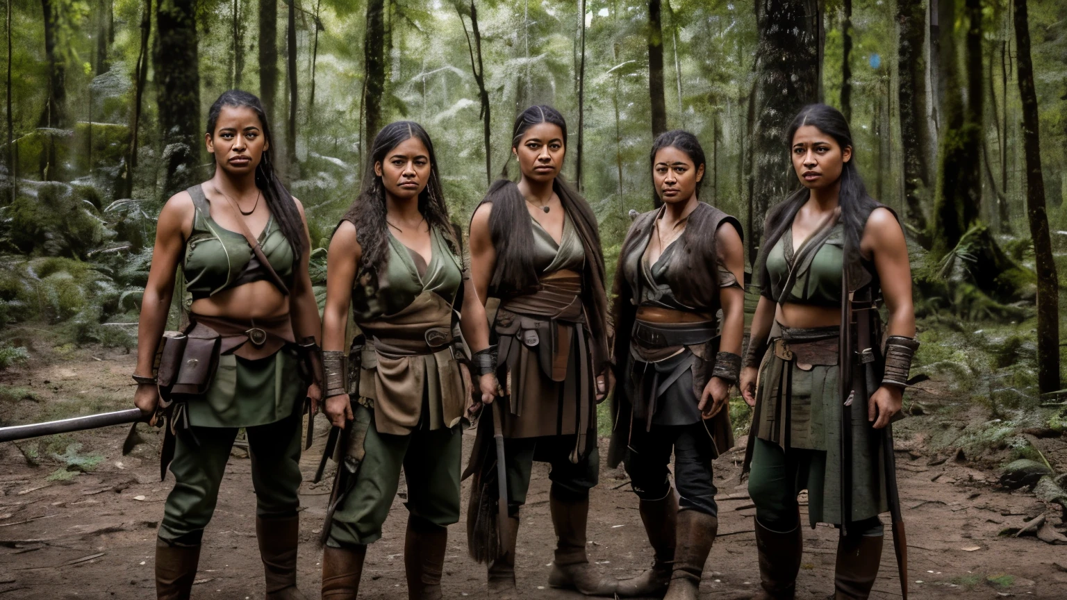 A group of Amazon women, fierce and powerful, are depicted in this immersive masterpiece. Their presence inspires respect and evokes awe as they stand tall against the backdrop of a dense forest. Each warrior dresses in an open leather vest, the fabric worn and weathered from countless battles. In their hands, they wield weapons such as intricately designed bows and arrows.
Their rugged, weathered faces reflect the countless triumphs and challenges they have faced, bearing witness to their untamed courage and indomitable spirit. The scene is set in a forest clearing, where huts are built in the sturdiest trees, reaching high into the sky. The Amazon women represent the