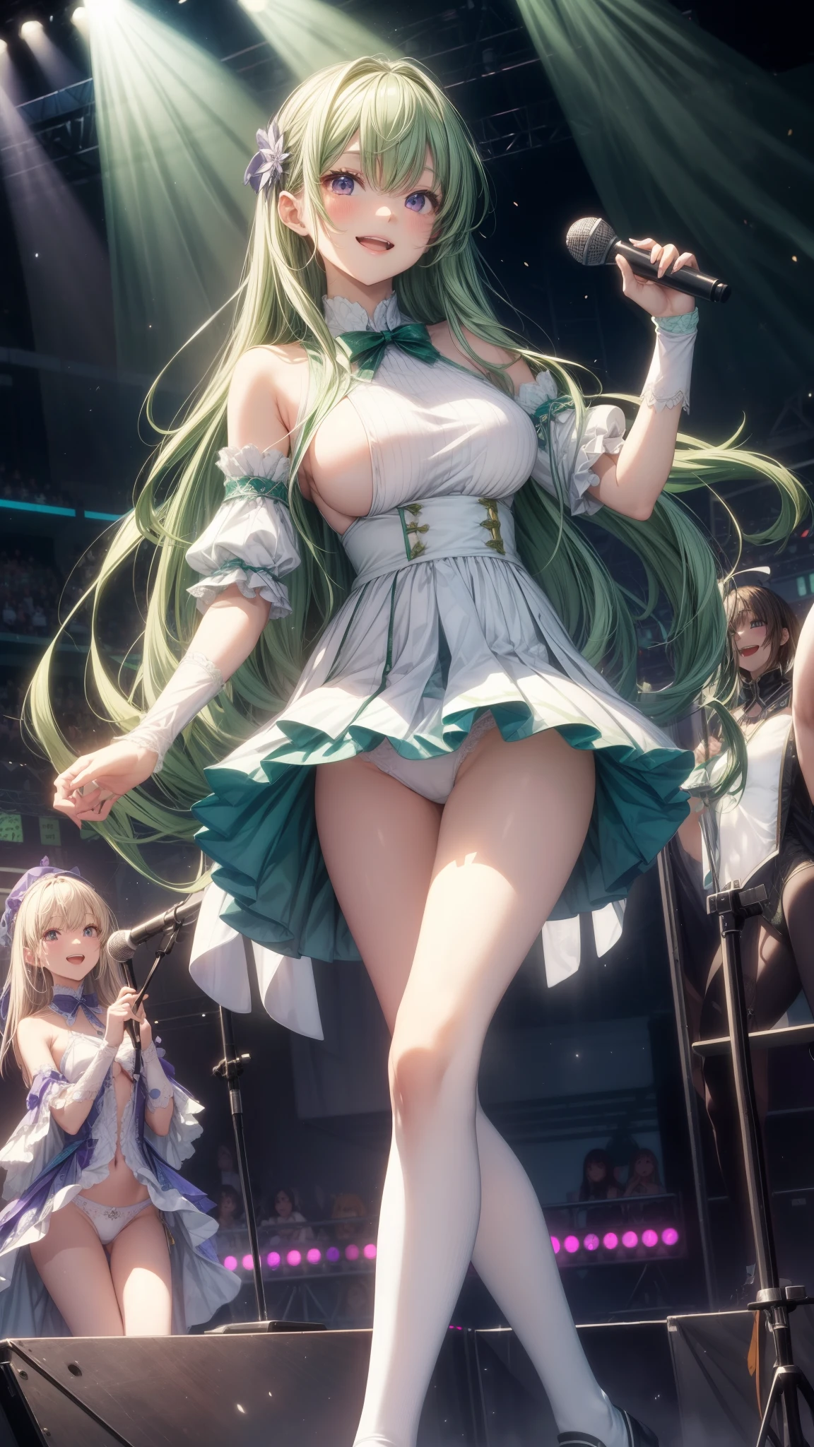 highest quality、All limbs、full finger、Slender beauty、straight hair、brown hair、Dereste、green, white and purple idol costume、white panties、high socks、beautiful big breasts、live stage、sing、dancing、big smile、tits