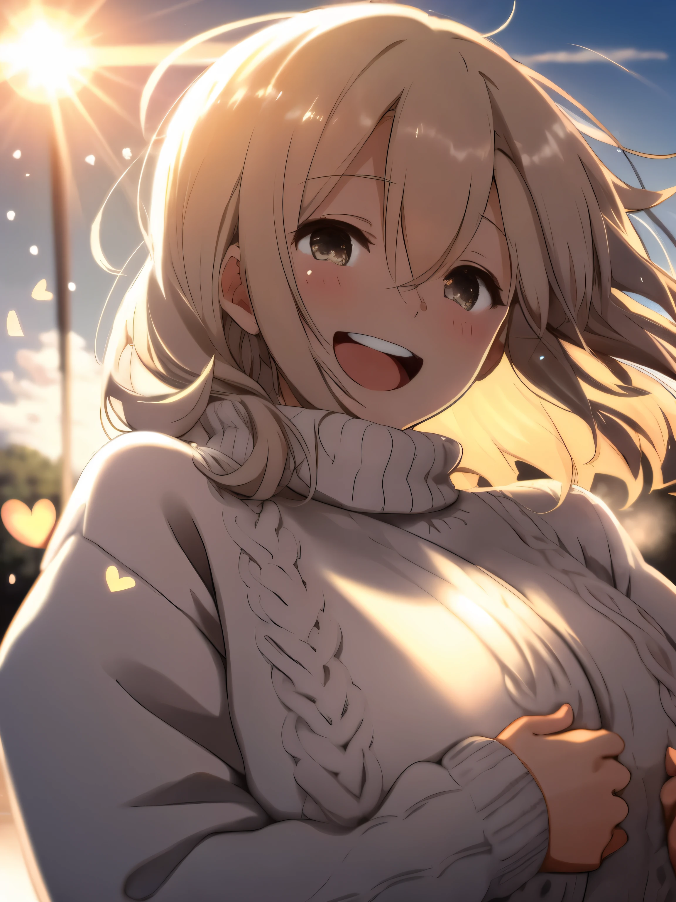 a girl, cosy sweater on, upper body, (huge Laughing:1.1), (open mouth:1.1), (wide open eyes:1.2), sun glare, bokeh, depth of field, blurry background, light particles, strong wind, (heart particles:1.1)