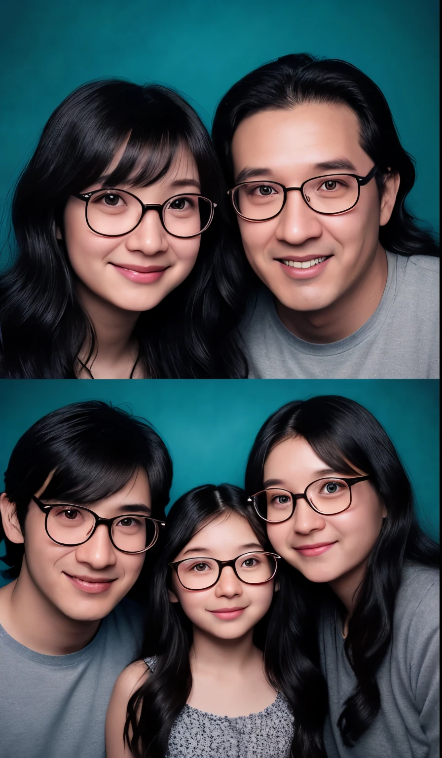 The girl on the bottom left of the photo booth of the four Disney Pixar movies is shown up to her chest.、With bangs、Her semi-long hair is on the lower right side of her brown face, and she is holding a teddy bear in both hands.、The girl on the bottom right has bangs、Her hair is light brown and her face is on the top right side of the teddy bear that the girl on the bottom left is holding.、The girl is also holding a baby.、baby is wearing a white bucket hat、He is wearing black bear-shaped sunglasses with white rims.He is wearing a white shirt.The boy on the top left is wearing a green shirt.、His face is about between the girls and the two of them, and he is holding a piece with his right hand.、Hair is short、hair flowing from right to left、Bangs are raised、Glasses with black rim、There is a little empty space on the top left