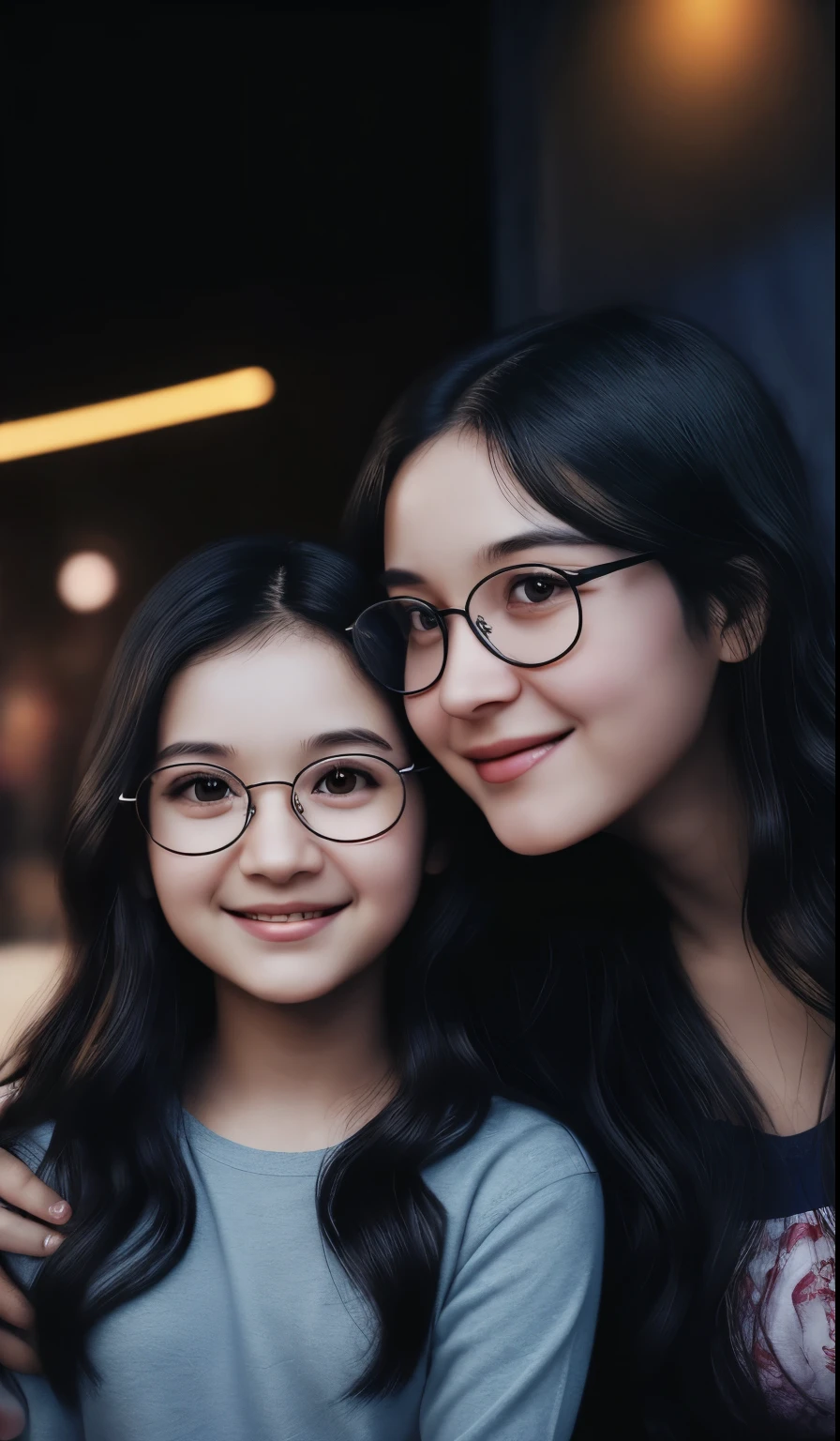 Disney Pixar photo of mom with round glasses and long black hair and brown eyes, dad with young features with black wavy medium hair and brown eyes no facial hair looks young and daughter with long light brown hair brown eyes in a photo booth both parents kissing daughter in middle 3D image
