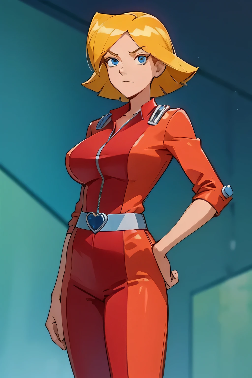 clover \(totally spies\), blonde hair, short hair, blue eyes, skimpy red jumpsuit, belt, red jumpsuit, taught cautsuit, huge breasts,