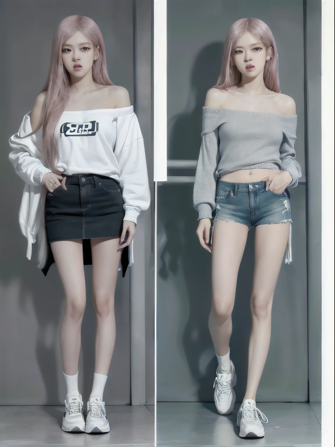 Rose from blackpink, pink hair, (full body), (best quality,4k,8k,highres,masterpiece:1.2),ultra-detailed,(realistic,photorealistic,photo-realistic:1.37),A girl standing by a column, ((Best picture quality, 8K, tmasterpiece:1.3)), 1girll, Casual hairstyle, (off-shoulder blouse, skirt:1.3,Ultra-fine face, A detailed eye, double eyelid,(long leges:1.4),(athletic sneakers:1.3