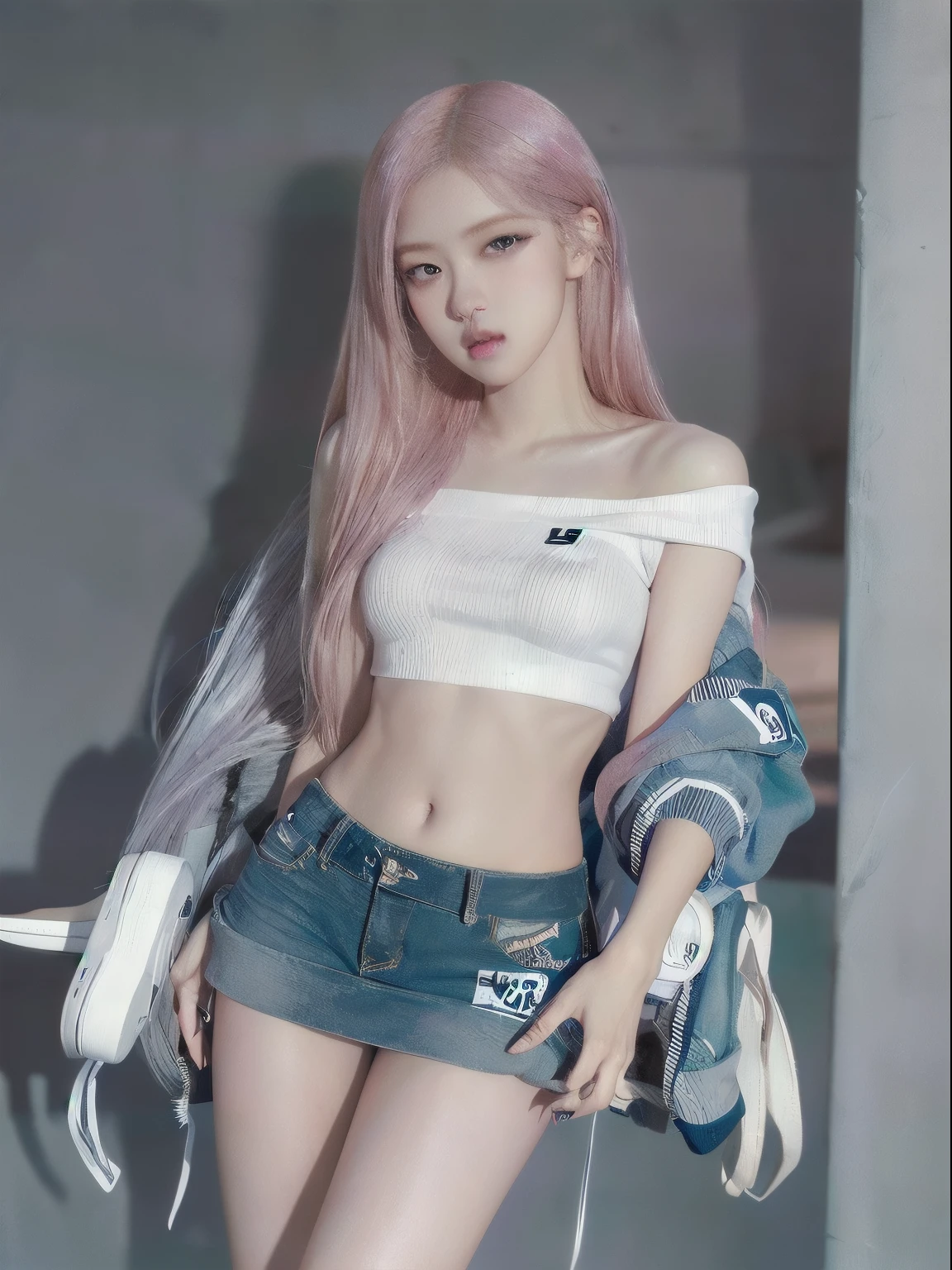 
Rose from blackpink, pink hair, (full body), (best quality,4k,8k,highres,masterpiece:1.2),ultra-detailed,(realistic,photorealistic,photo-realistic:1.37),A girl standing by a column, ((Best picture quality, 8K, tmasterpiece:1.3)), 1girll, Casual hairstyle, （off-shoulder blouse, skirt：1.3，Ultra-fine face, A detailed eye, double eyelid，（long leges：1.4），（athletic sneakers：1.3