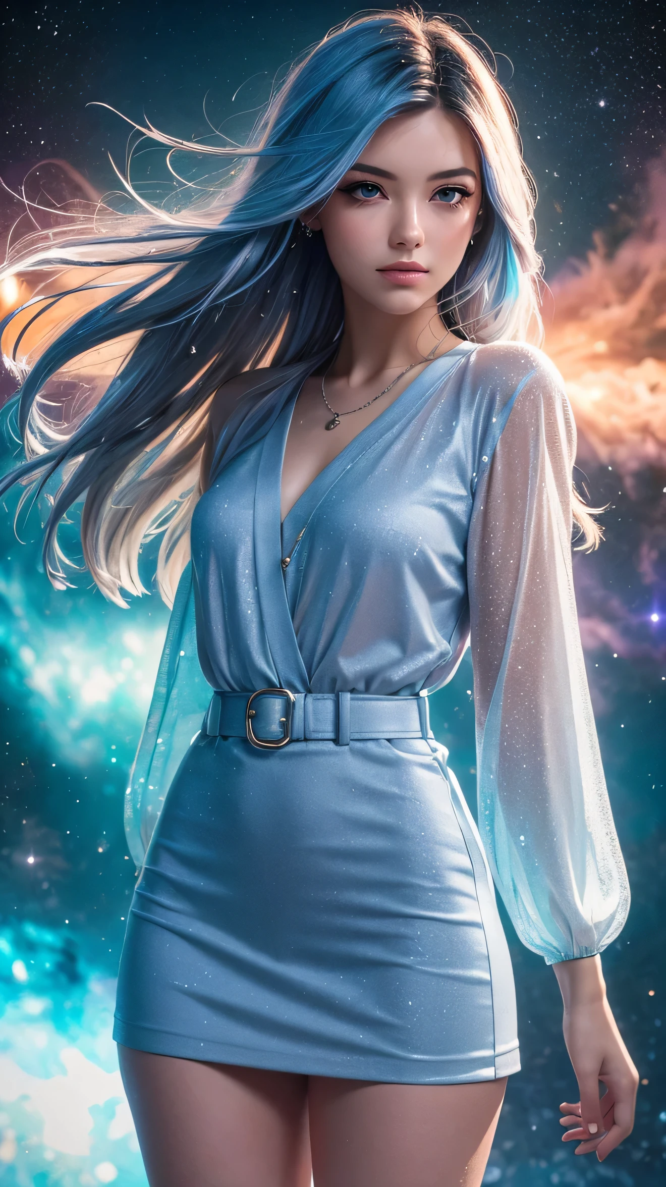 The spotlight is on a girl in a short black and red minidress, High detail, realistic beautiful girl with long brown hair, gradient blue and white hair color,girl with good charisma, creative approach to non-standard poses., Girl in miniskirt, there are splashes of silver dust, and behind it is a nebula, atmospheric lighting, surrounded by wet dew drops, behind the fantasy world, on a beautiful background, glare, shine, shine, spray drops, high quality, 8k Ultra HD, high contrast, high quality, Soft light, Close up of a beautiful realistic girl with BRIGHT WHITE TURQUOISE and pink long hair....... ,Close-up of clean skin with detailed skin ,full length,in a short miniskirt,with women&#39;handbag 