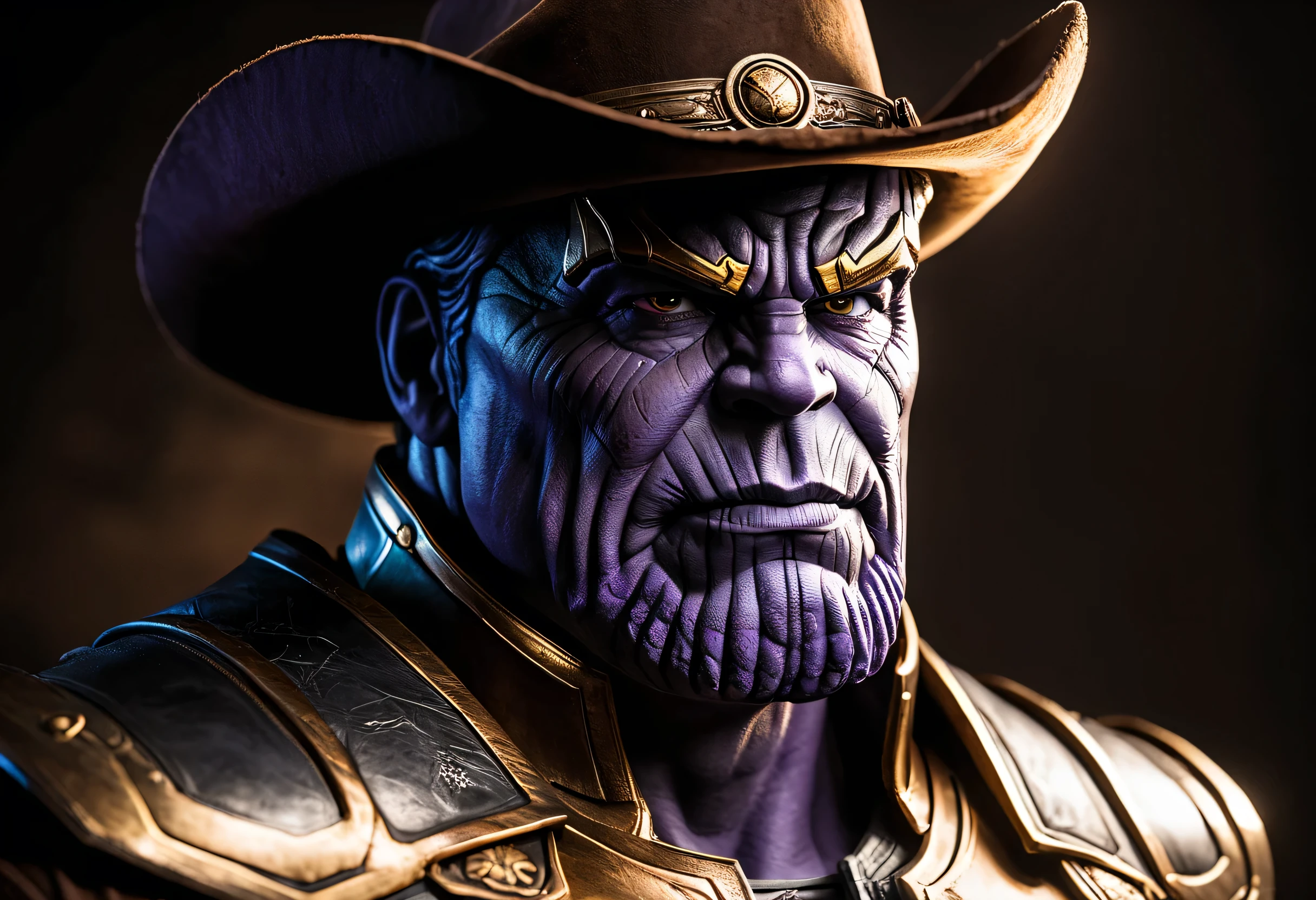 photo of (Thanos:0.9) that resembles a [(cowboy:1.4):2], cinematic lighting, dramatic lighting, high contrast, low key lighting, high key lighting, chiaroscuro lighting, Rembrandt lighting, split lighting, rim lighting, back lighting, side lighting, top lighting, bottom lighting, natural light, artificial light