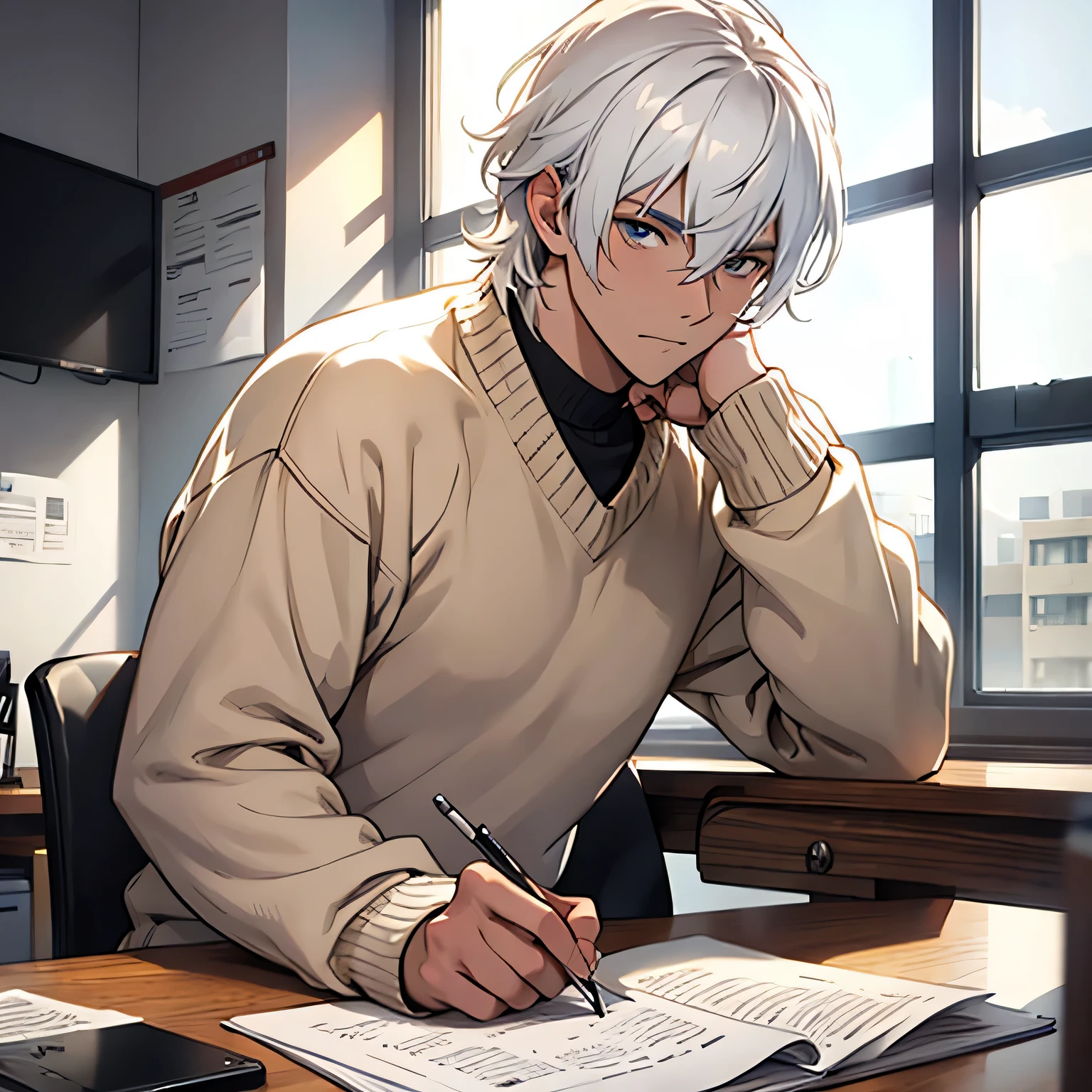 White hair, Male, sitting at a desk, sweater 