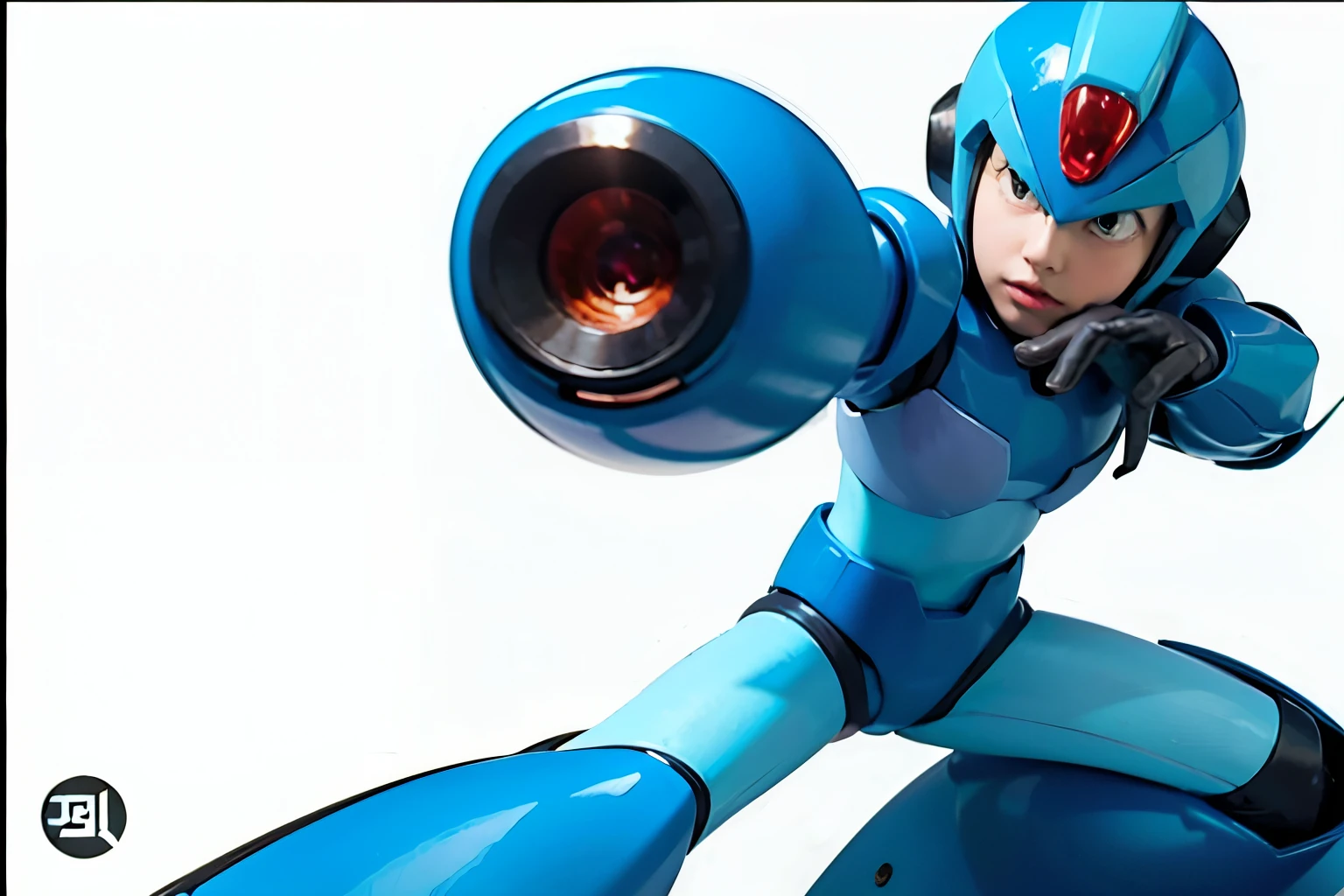 (the highest quality, 4k, high resolution, masterpiece:1.2), ultra-detailed, realistic, digital art, Homem, 1 boy, full body, stand pose, android, metalic armor, blue helmet, green eyes, Red Crystal, blue armor,