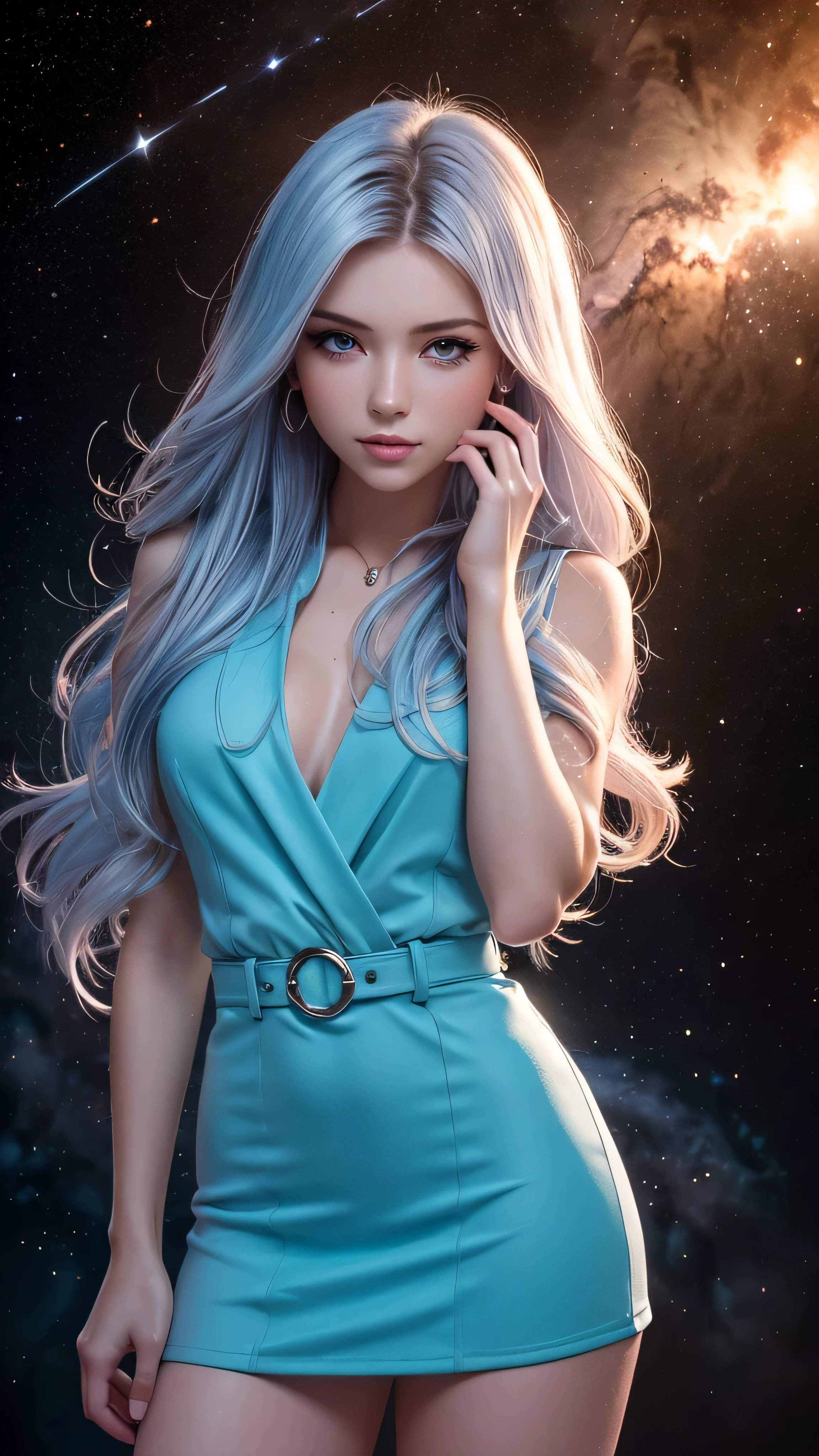 The spotlight is on a girl in a short black and red minidress, High detail, realistic beautiful girl with long brown hair, gradient blue and white hair color,girl with good charisma, creative approach to non-standard poses., Girl in miniskirt, there are splashes of silver dust, and behind it is a nebula, atmospheric lighting, surrounded by wet dew drops, behind the fantasy world, on a beautiful background, glare, shine, shine, spray drops, high quality, 8k Ultra HD, high contrast, high quality, Soft light, Close up of a beautiful realistic girl with BRIGHT WHITE TURQUOISE and pink long hair....... ,Close-up of clean skin with detailed skin ,full length,in a short miniskirt,with women&#39;handbag 