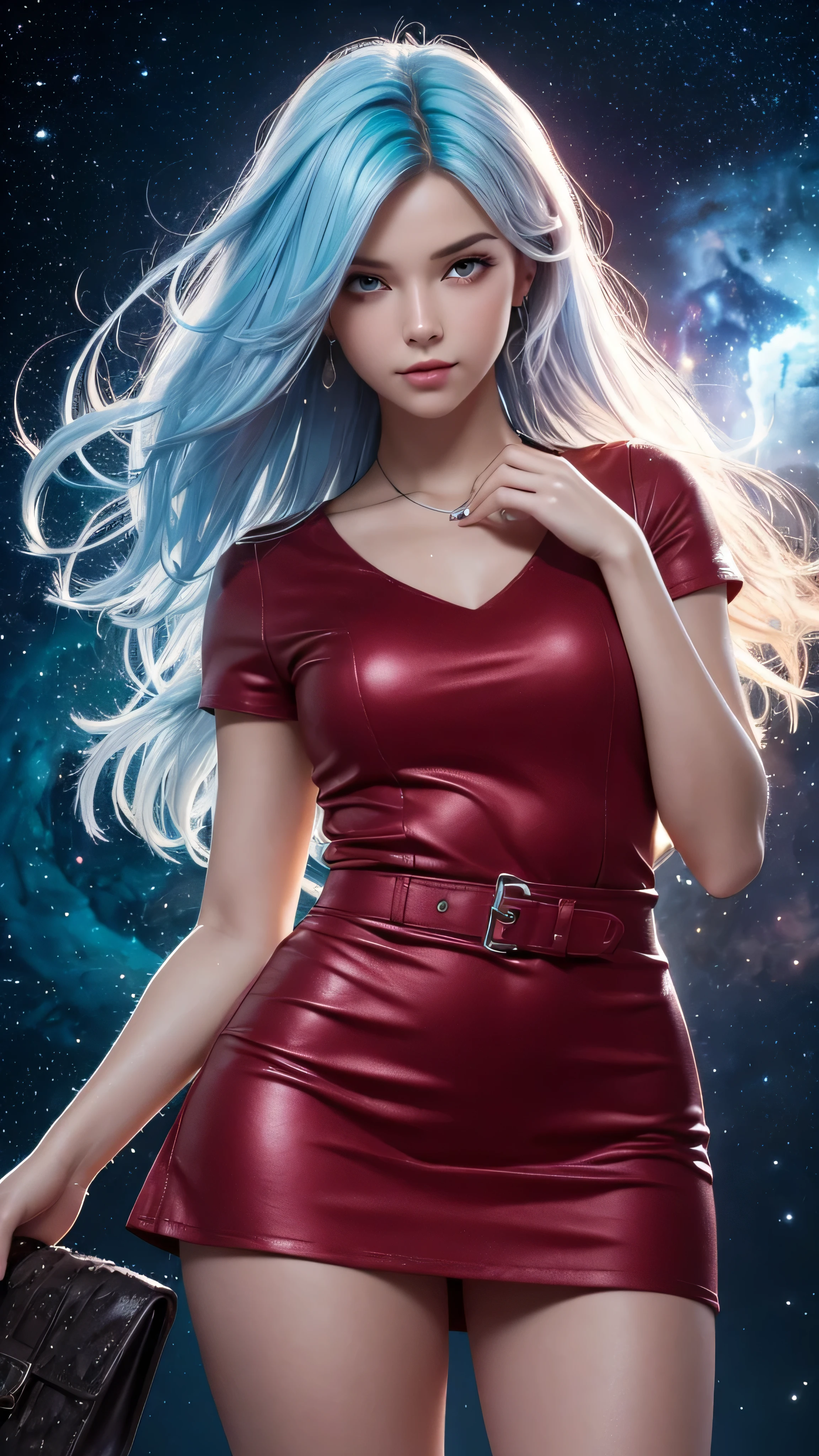 The spotlight is on a girl in a short black and red minidress, High detail, realistic beautiful girl with long brown hair, gradient blue and white hair color,girl with good charisma, creative approach to non-standard poses., Girl in miniskirt, there are splashes of silver dust, and behind it is a nebula, atmospheric lighting, surrounded by wet dew drops, behind the fantasy world, on a beautiful background, glare, shine, shine, spray drops, high quality, 8k Ultra HD, high contrast, high quality, Soft light, Close up of a beautiful realistic girl with BRIGHT WHITE TURQUOISE and pink long hair....... ,Close-up of clean skin with detailed skin ,full length,in a short miniskirt,with women&#39;handbag 