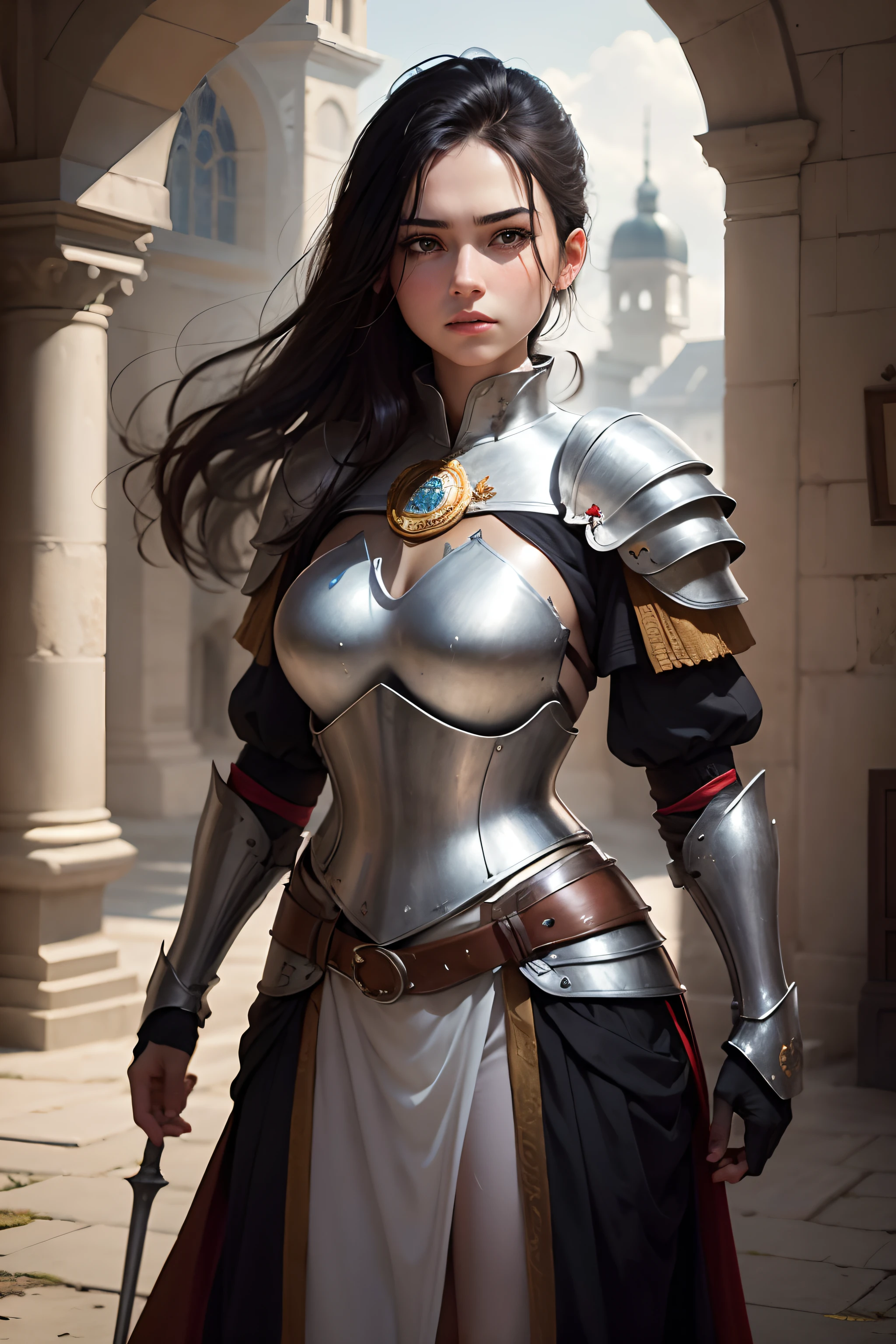 (Top quality, Masterpiece) A young woman in armor stood aside，The expression is stoic. She wears a white tunic underneath her breastplate，There is a badge on it，Indicates that she is a Royal Guard. She has black hair and warm black eyes.