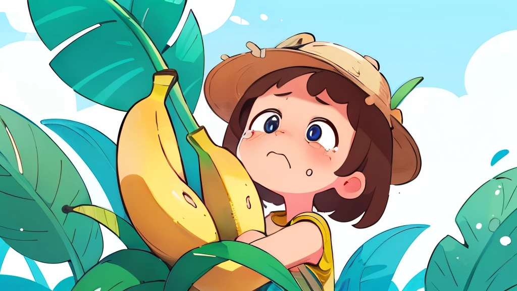crying, tears, sad, banana hat, bananas background pattern, banana tree, blueish background, high detailed, fornite banana costume, shooting, explosion, high contrast, high saturation, guns, bananas, crying, big eyes, in a close view, front, girly brown hair, blue eyes