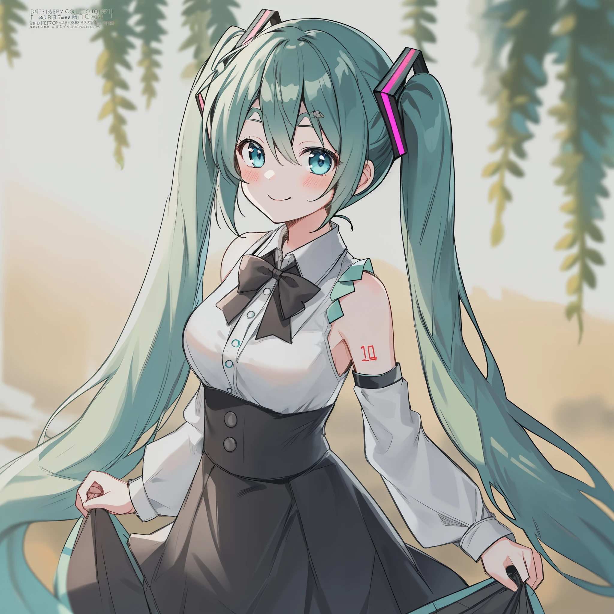 rating:safe, hatsune_miku, skirt_hold, 1girl, long_hair, solo, skirt, twintails, flower, very_long_hair, detached_sleeves, shirt, smile, black_skirt, looking_at_viewer, blush, breasts, white_shirt, high-waist_skirt, long_sleeves, closed_mouth, cowboy_shot, bow, eyebrows_visible_through_hair, bare_shoulders, blue_eyes, bangs, shiny_hair, collared_shirt, standing, hair_between_eyes, hair_ornament, bowtie, alternate_costume, aqua_hair, leaf, shiny, blue_hair