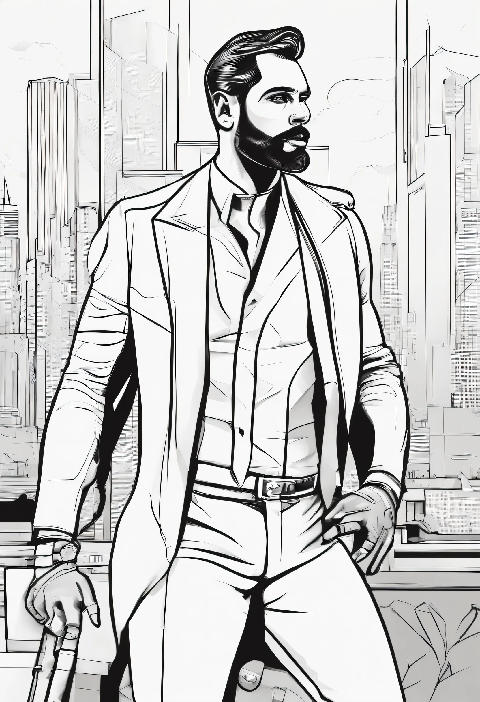 coloring book page, thick black line drawing, 2-D, no shading, hight contrast black and white, nude man, nsfw, handsome, posing, in the style of tom of finland