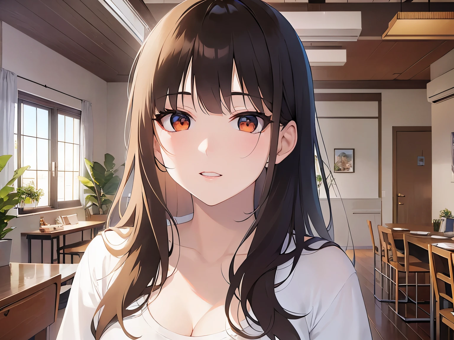 Upper Body, Realistic, real person, (pale skin: 1.2), RAW shiny skin, japanese idol、shiny hair、(25 year old woman with medium hair with bangs) and (wavy hair) and (brown hair) and (orange eyes) , (white) and (plain t-shirt) and (oversize) 、parental look, The background is the living room、Alone、Are standing