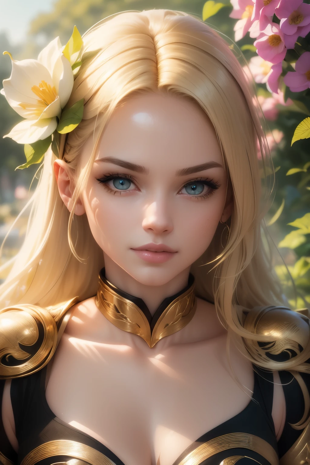 (best quality,4k,8k,highres,masterpiece:1.2),ultra-detailed,realistic,portrait,beautiful detailed golden eyes,beautiful detailed face,beautiful detailed lips,blond hair,colorful futuristic casual clothes,playful expression,standing in a lush garden surrounded by blooming flowers,dreamy atmosphere,soft natural lighting