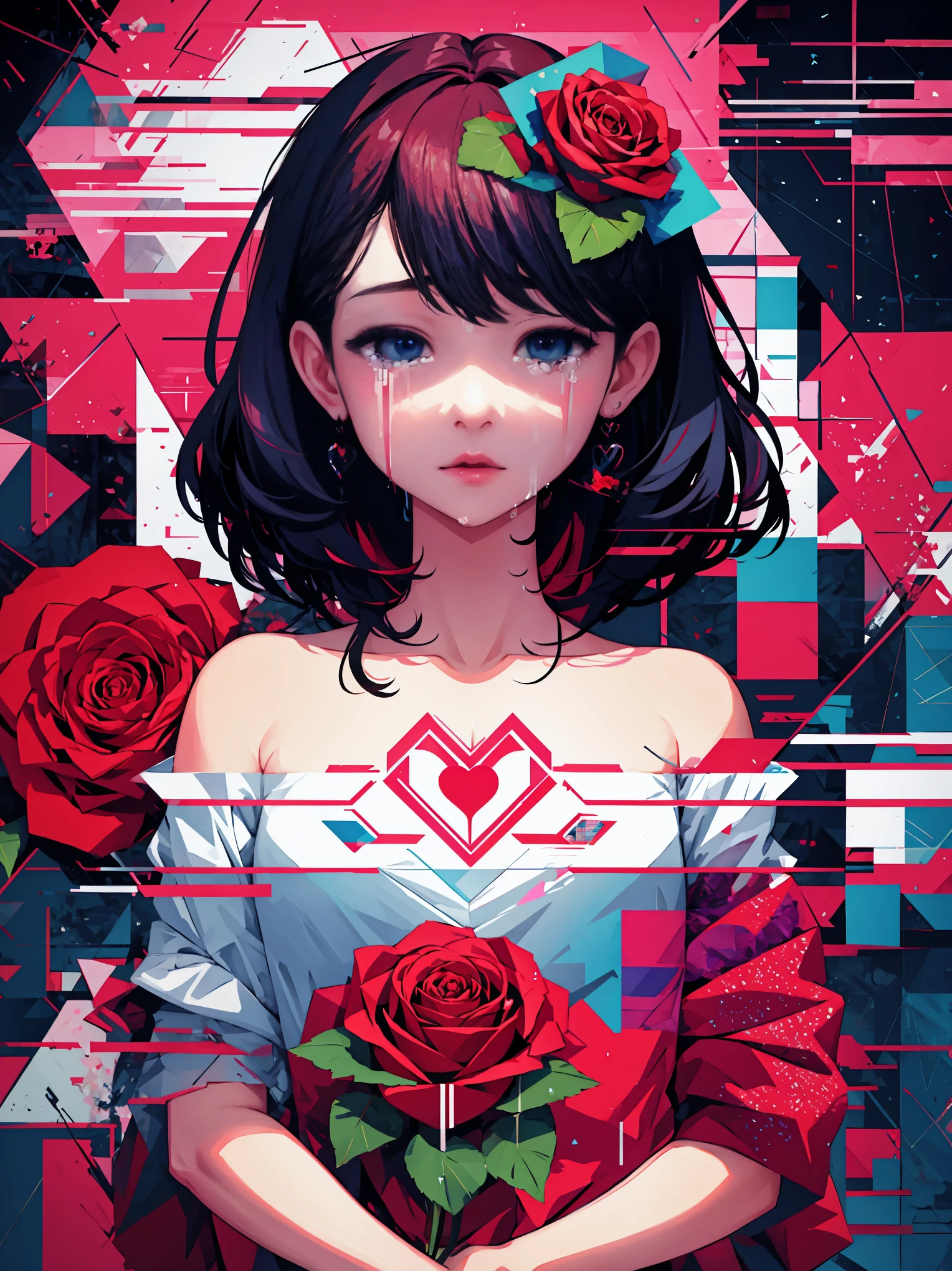Geometric art, geometric rose, valentine, (glitch:1.4), masterpiece, illustration, girl, close up, (crying:1.5)