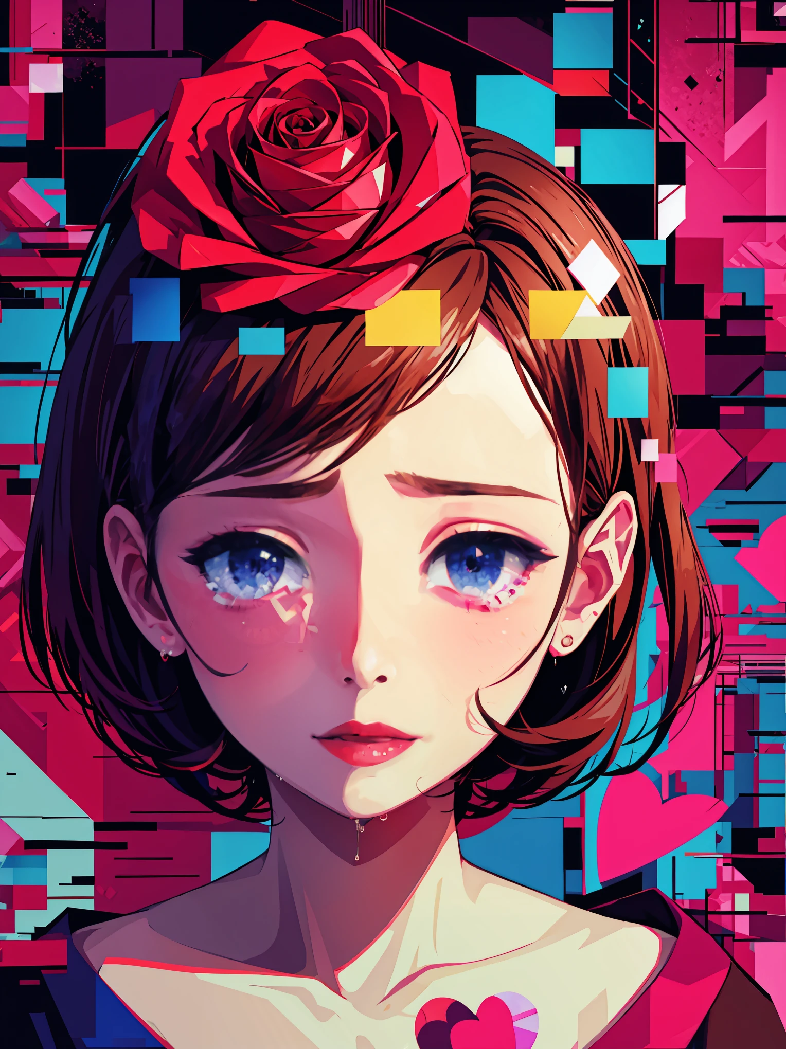 Geometric art, geometric rose, valentine, (glitch:1.4), masterpiece, illustration, girl, close up, (crying:1.5)