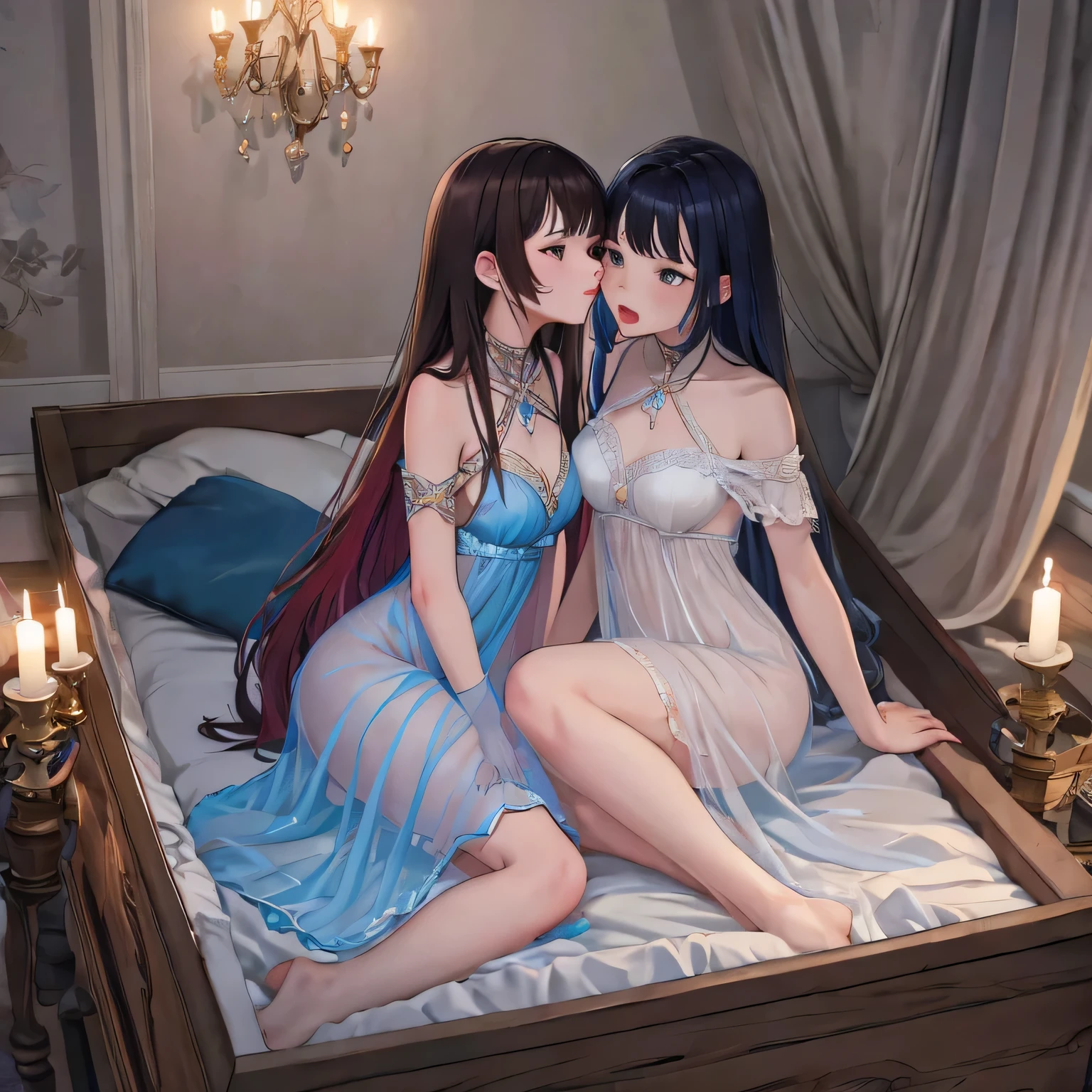 two girl kissing,,(bright lighting,romantic setting),dreamy background,,dark hair, mesmerizing gaze, , soft skin, alluring beauty, artistic portrait, high-quality image, vibrant colors,translucent long silk gown, mosquito net, lying down, romantic bedroom,bondage ,bondage
in box
full body
lying on side
bound
arms behind back