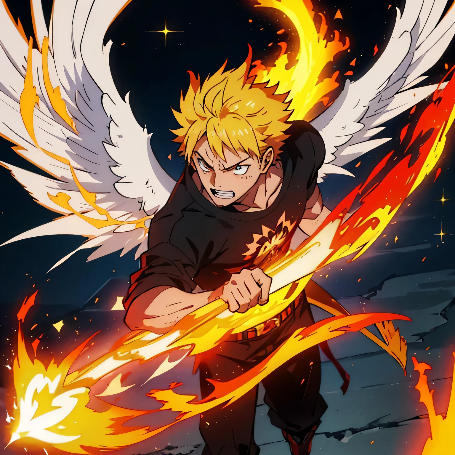 best quality,8K,Homme de 16 ans,expression de sang chaud,yeux jaunes brillants,beau,confiant,athletic,short, spiky white hair:1.1),Katsuki Bakugou [Animated:1.1] (Puissant,ardent,explosif:1.1),tatouage d&#39;a phoenix on the&#39;shoulder,dressed in black [uniforme:1.1],debout sur un fond uni, fond uni
