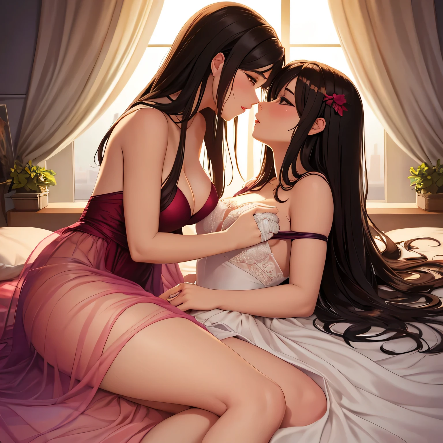 two girl kissing,,(bright lighting,romantic setting),dreamy background,,dark hair, mesmerizing gaze, , soft skin, alluring beauty, artistic portrait, high-quality image, vibrant colors,translucent long silk gown, mosquito net, lying down, romantic bedroom,bondage ,ribbon bondage