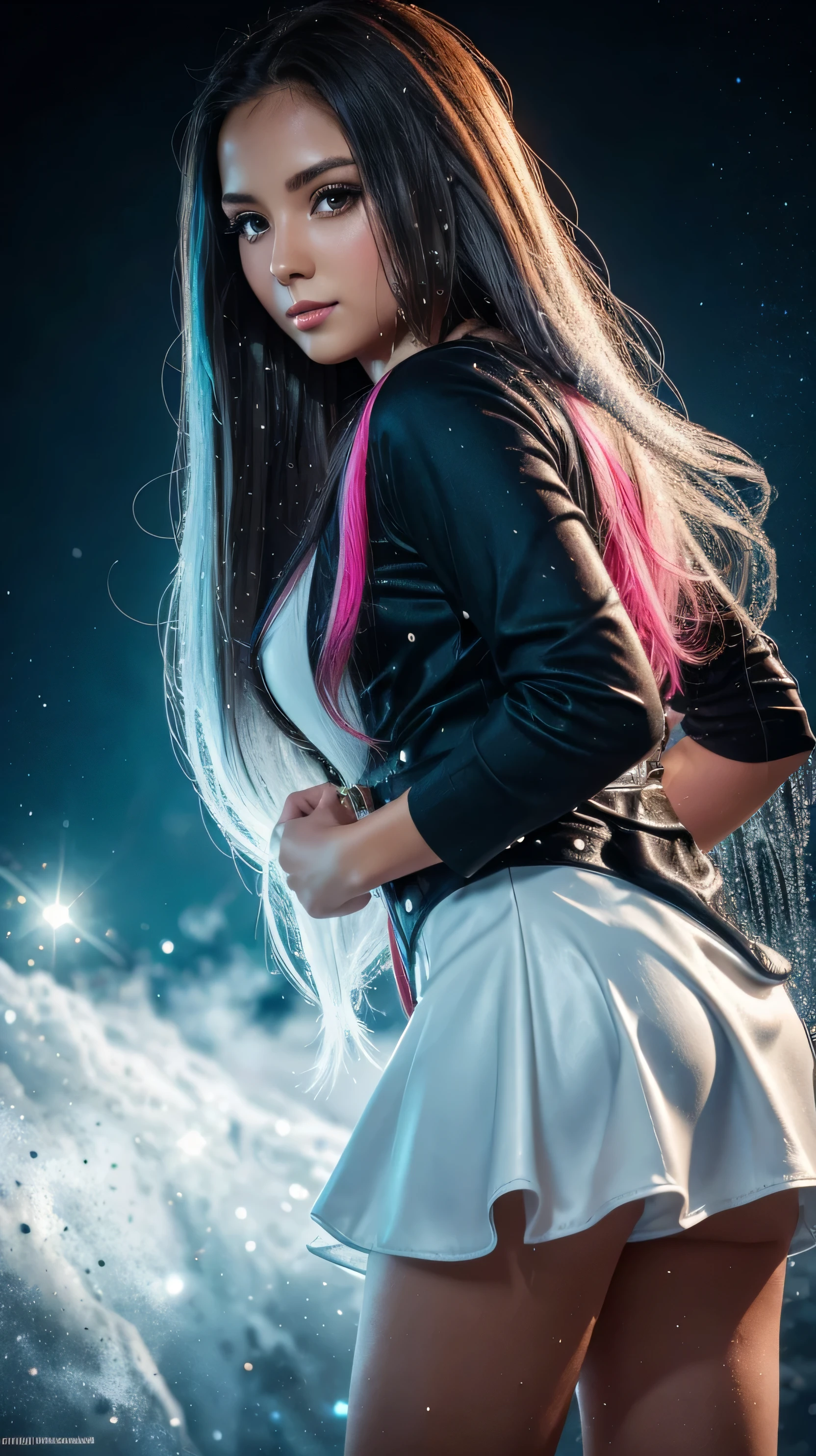 The spotlight is on a girl in a short black and red minidress, High detail, realistic beautiful girl with long brown hair, gradient blue and white hair color,girl with good charisma, creative approach to non-standard poses,., Girl in miniskirt, there are splashes of silver dust, and behind it is a nebula, atmospheric lighting, surrounded by wet dew drops, behind the fantasy world, on a beautiful background, glare, shine, shine, spray drops, high quality, 8k Ultra HD, high contrast, high quality, Soft light, Close up of a beautiful realistic girl with BRIGHT WHITE TURQUOISE and pink long hair....... ,Close-up of clean skin with detailed skin ,full length,in a short miniskirt,with women&#39;handbag