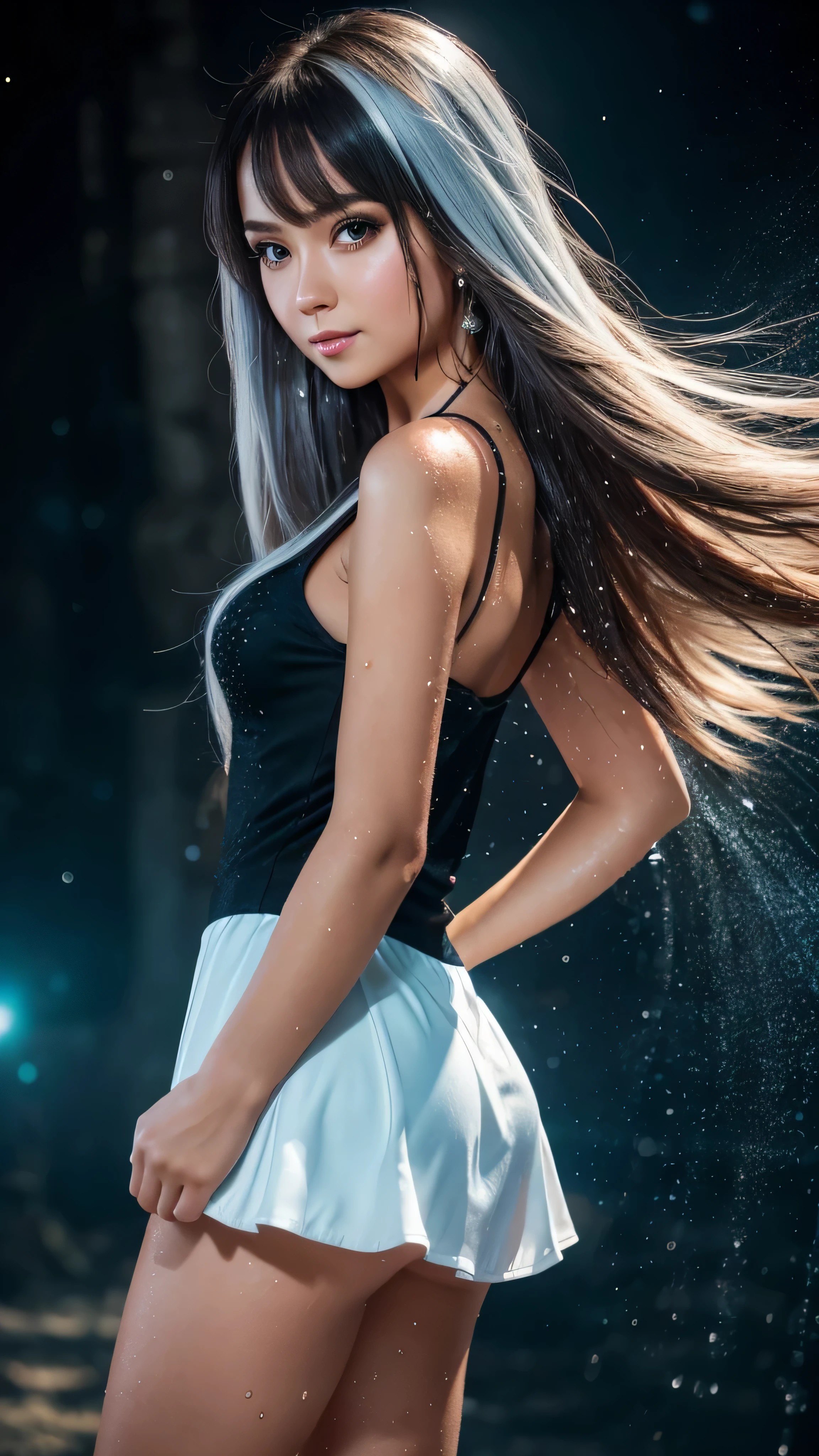 The spotlight is on a girl in a short black and red minidress, High detail, realistic beautiful girl with long brown hair, gradient blue and white hair color,girl with good charisma, creative approach to non-standard poses,., Girl in miniskirt, there are splashes of silver dust, and behind it is a nebula, atmospheric lighting, surrounded by wet dew drops, behind the fantasy world, on a beautiful background, glare, shine, shine, spray drops, high quality, 8k Ultra HD, high contrast, high quality, Soft light, Close up of a beautiful realistic girl with BRIGHT WHITE TURQUOISE and pink long hair....... ,Close-up of clean skin with detailed skin ,full length,in a short miniskirt,with women&#39;handbag