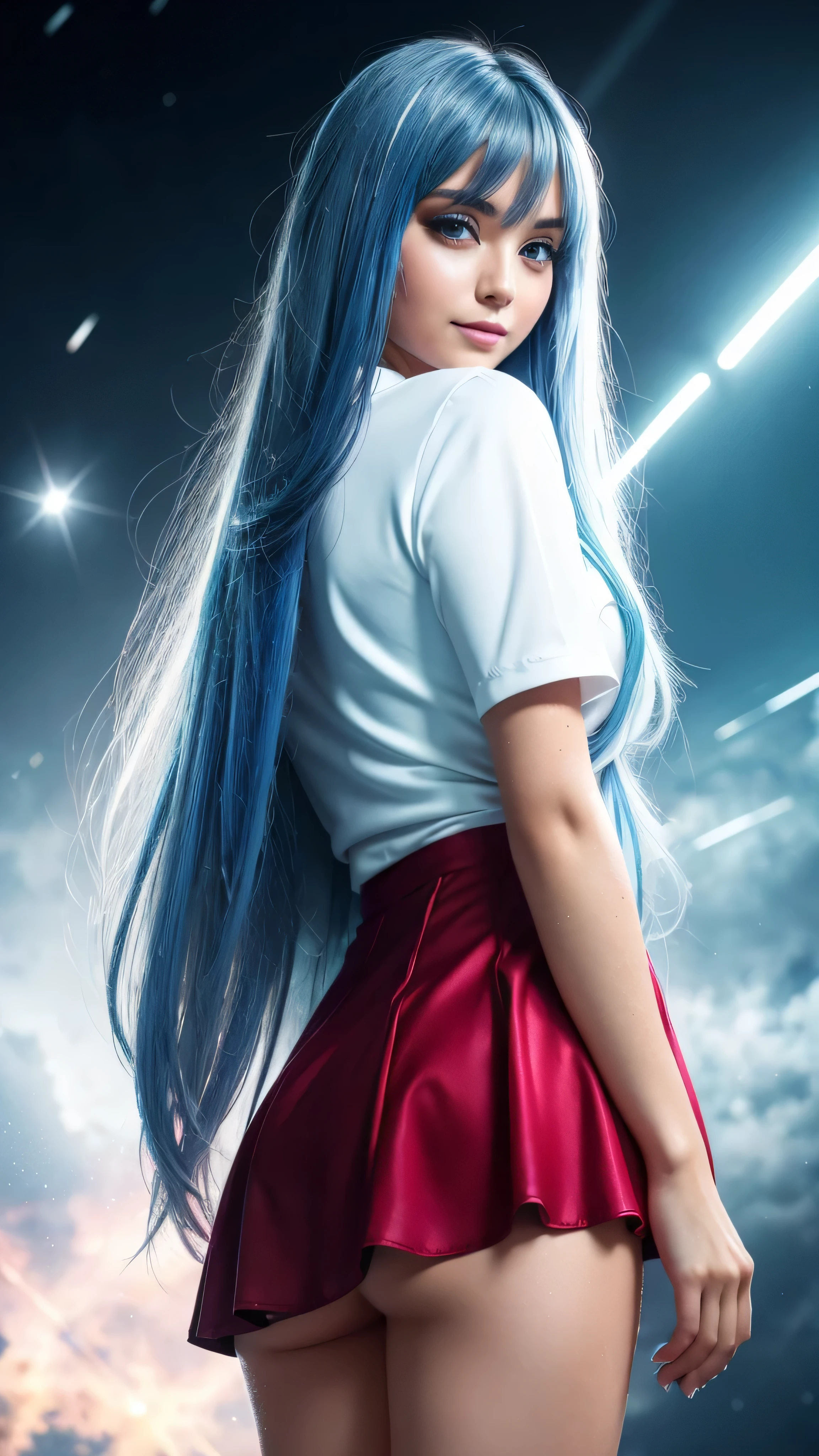 The spotlight is on a girl in a short black and red minidress, High detail, realistic beautiful girl with long brown hair, gradient blue and white hair color,girl with good charisma, creative approach to non-standard poses,., Girl in miniskirt, there are splashes of silver dust, and behind it is a nebula, atmospheric lighting, surrounded by wet dew drops, behind the fantasy world, on a beautiful background, glare, shine, shine, spray drops, high quality, 8k Ultra HD, high contrast, high quality, Soft light, Close up of a beautiful realistic girl with BRIGHT WHITE TURQUOISE and pink long hair....... ,Close-up of clean skin with detailed skin ,full length,in a short miniskirt,with women'handbag