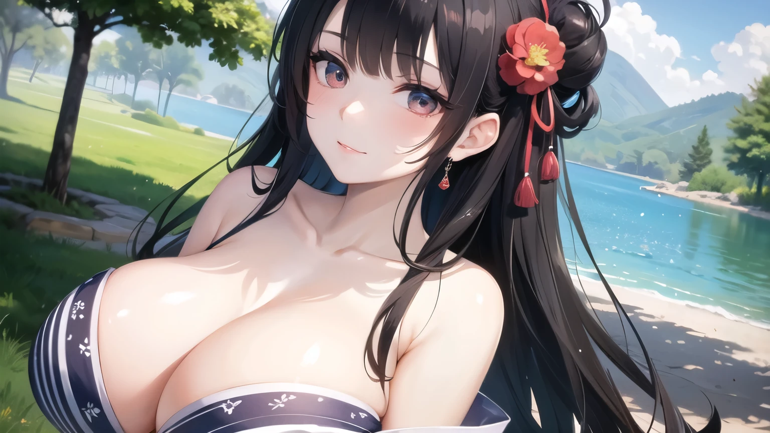 (((masterpiece, best quality))), (((superior quality))), cute girl, ((extremely detailed girl)), (huge breasts), (yukata), (bare shoulders), strapless top, slight smile